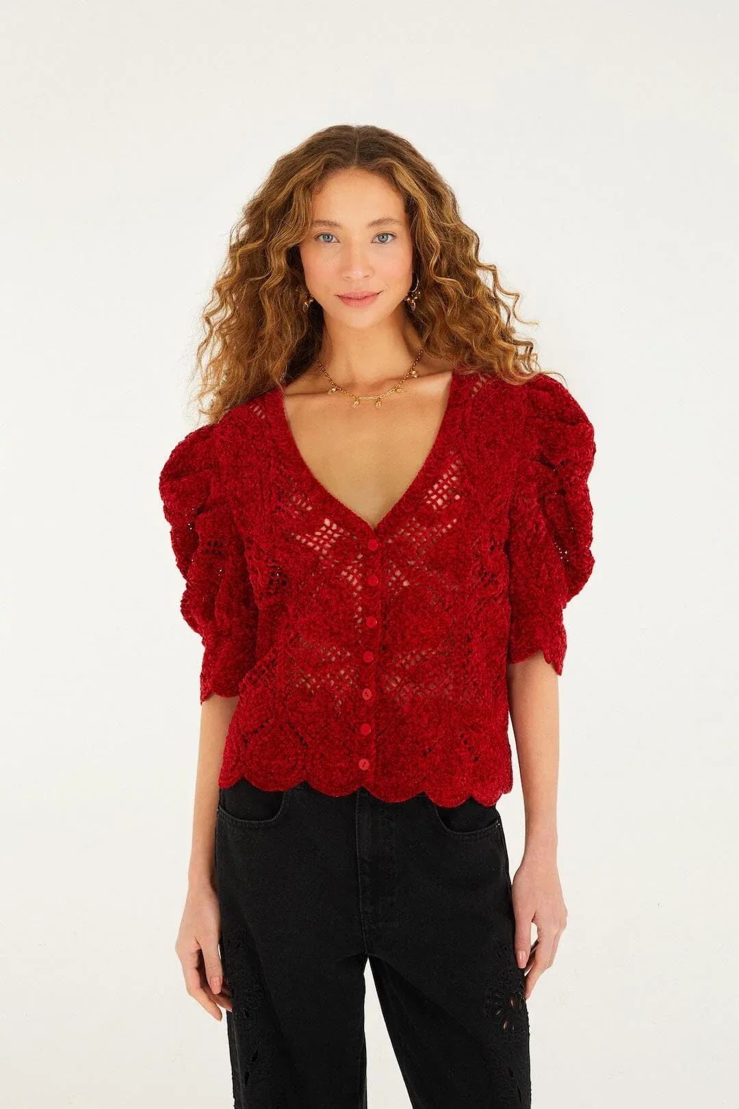 Rococo Hearts Puff Sleeve Crochet Cardigan by FARM Rio