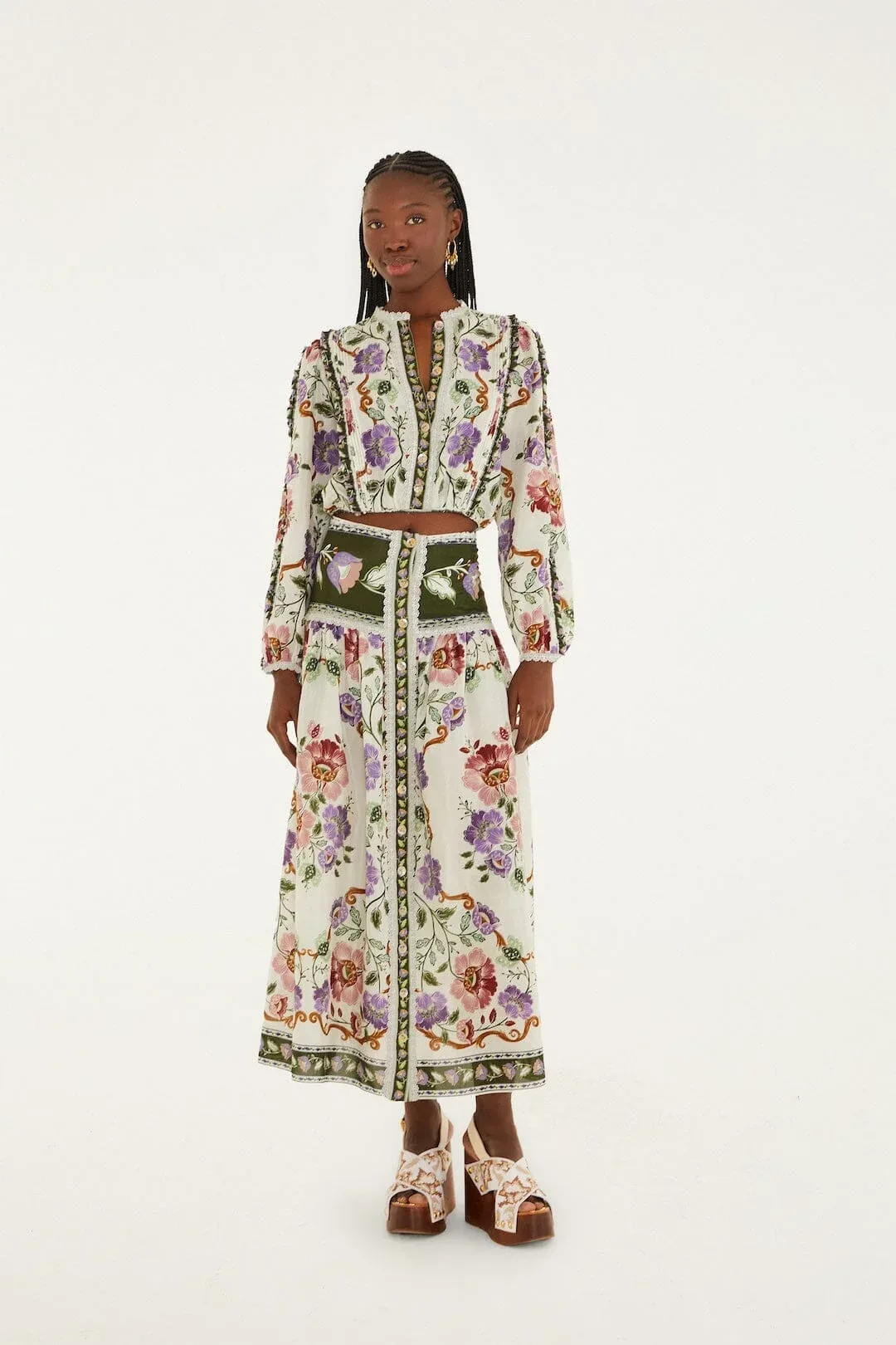 Rococo Flowers Lace Buttoned Midi Skirt