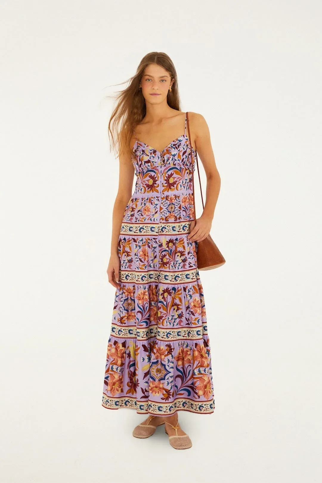 Flower Tiles Sleeveless Tiered Maxi Dress by FARM Rio