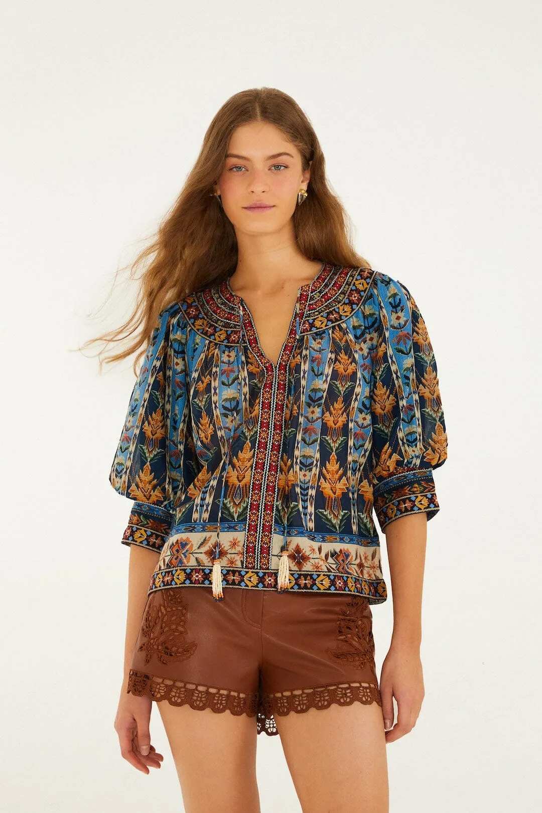 Embroidered Tapestry Tassels Puff Sleeve Blouse by FARM Rio