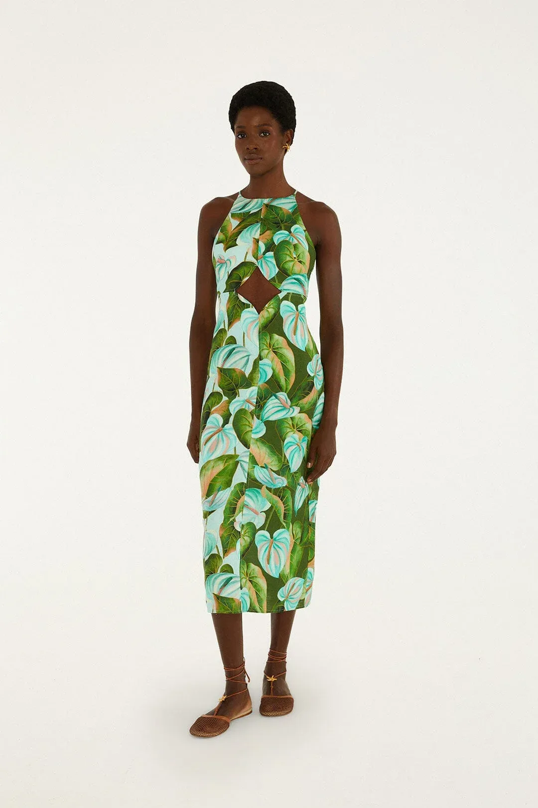 Anthurium Leaves Cut-Out Midi Dress
