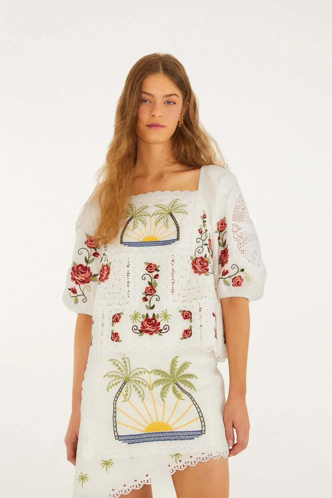 Tropi Scarf Embroidered Blouse by FARM Rio
