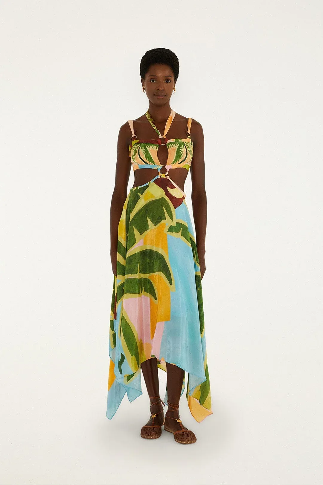 Tropical Painting Cut-Out Buckles Maxi Dress