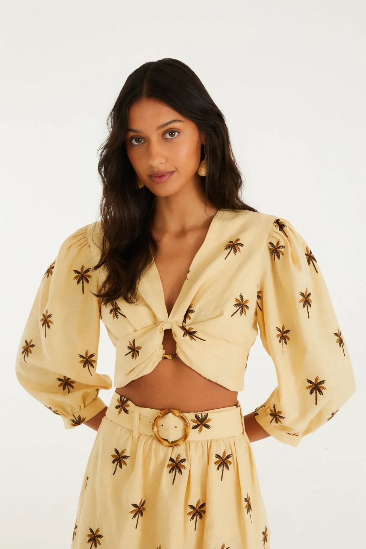 Sand Embroidered Trees Buckled Long Sleeve Crop Top by FARM Rio