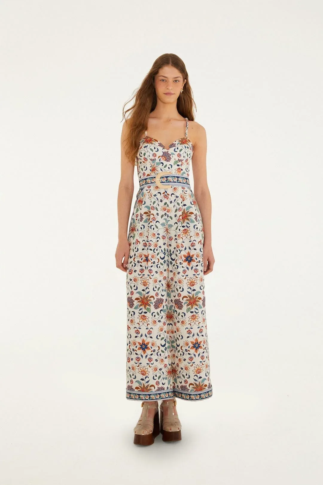 Soft Pink Floral Delhi Tapestry Belted Jumpsuit