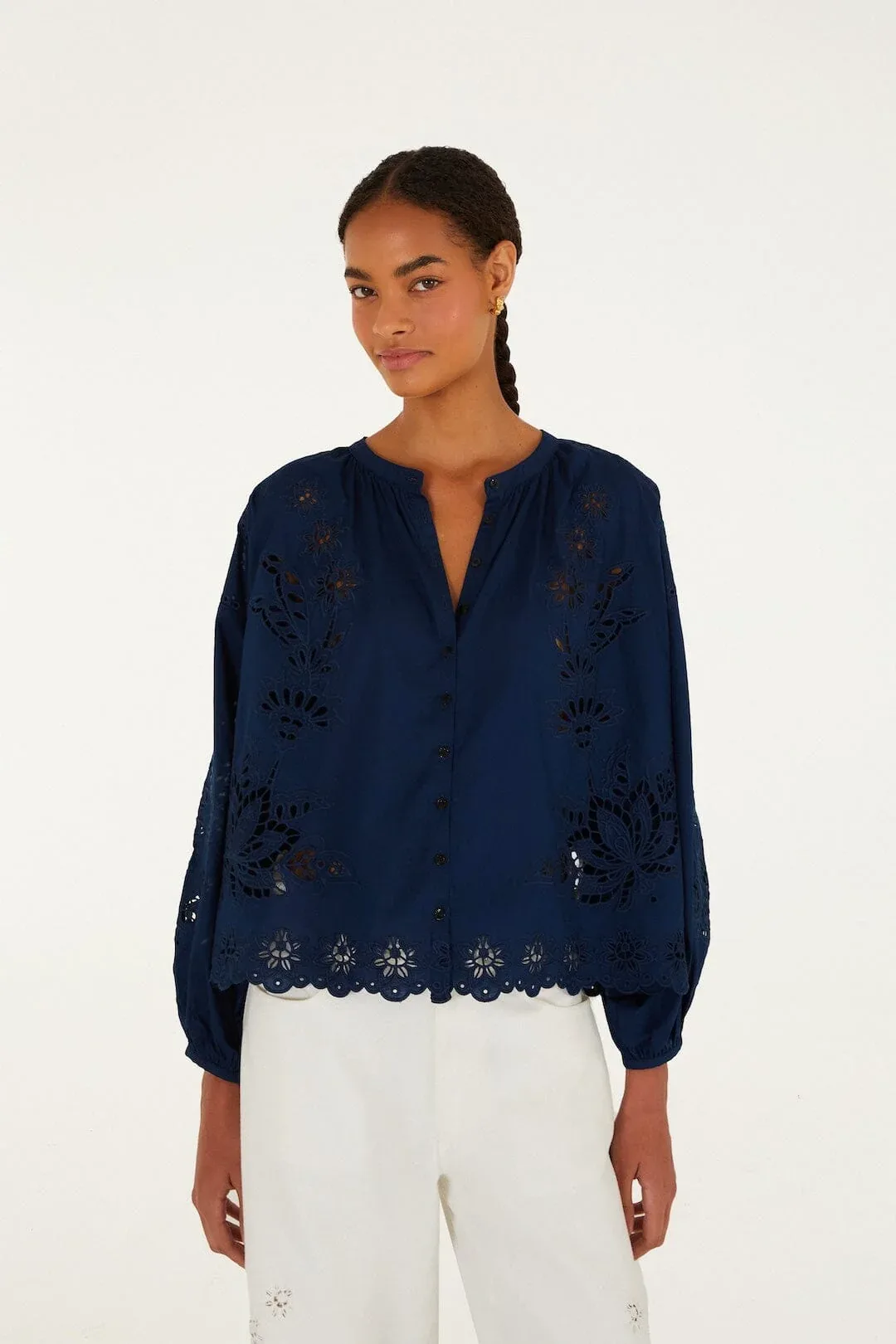 Navy Blue Artisanal Long Sleeve Blouse by FARM Rio