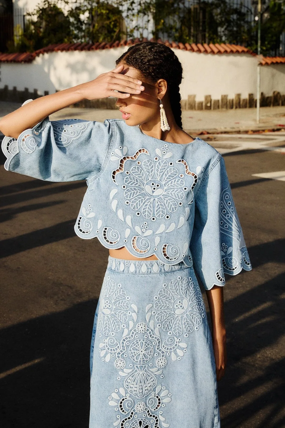 Denim Richelieu Kimono Sleeves Cropped Blouse by FARM Rio