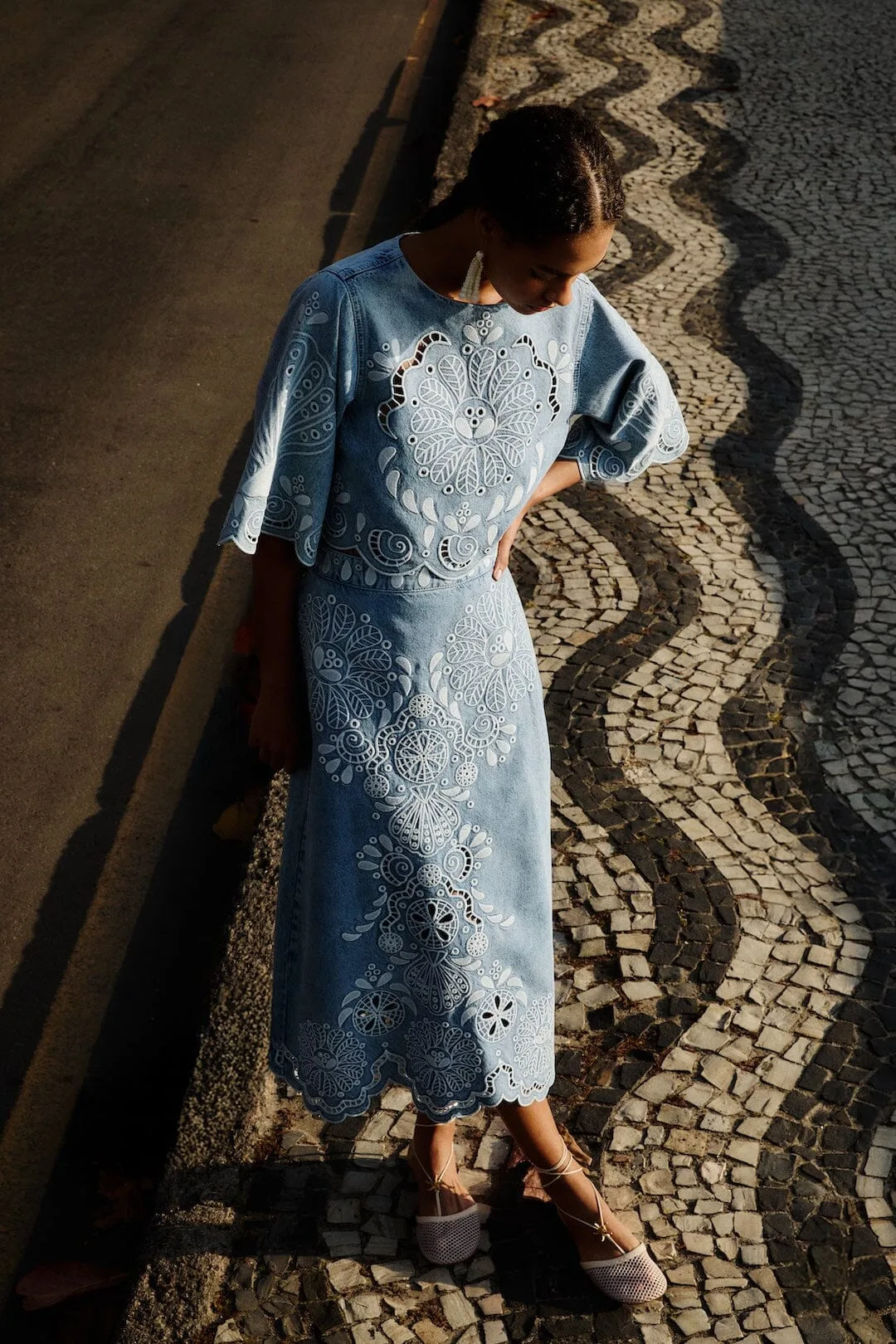 Denim Richelieu Wavy Hem Midi Skirt by FARM Rio
