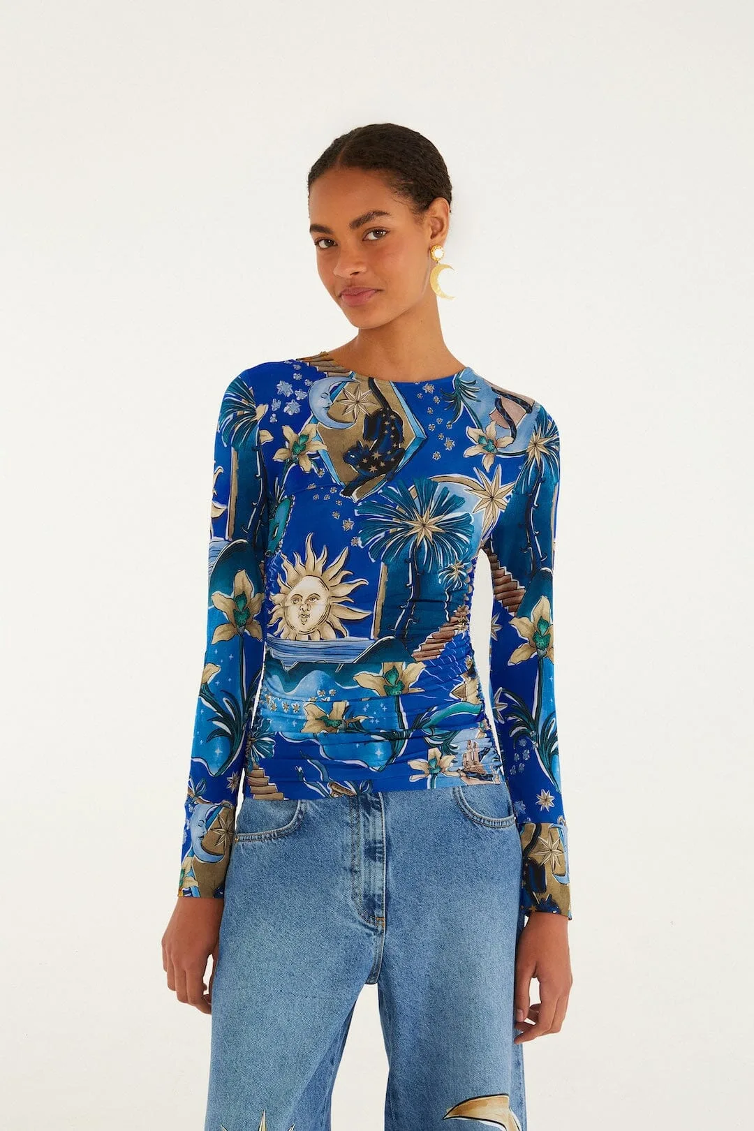 Blue Mystical Long Sleeve Jersey Blouse by FARM Rio