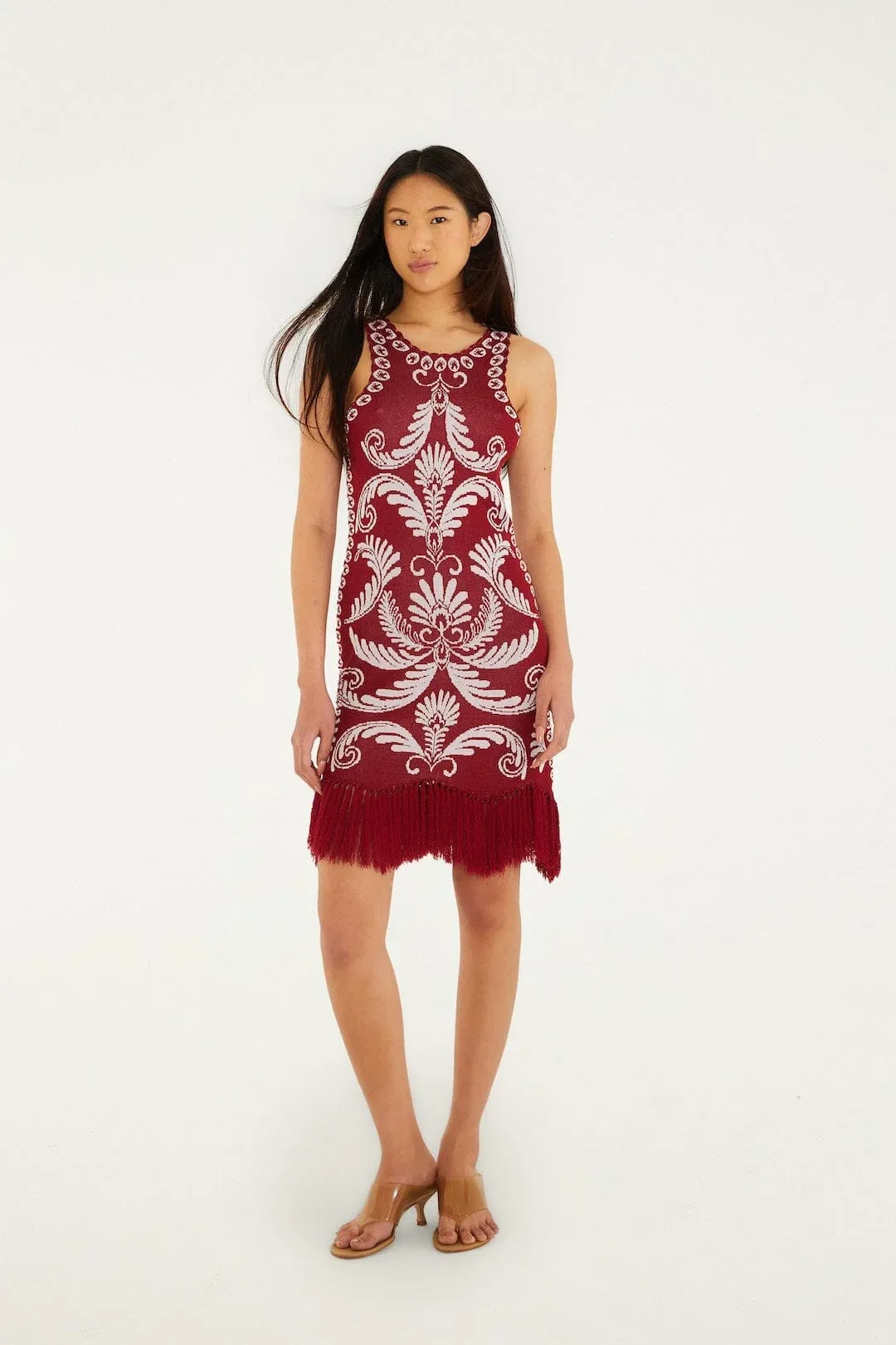 Burgundy Garden Tapestry Fringe Knit Dress by FARM Rio