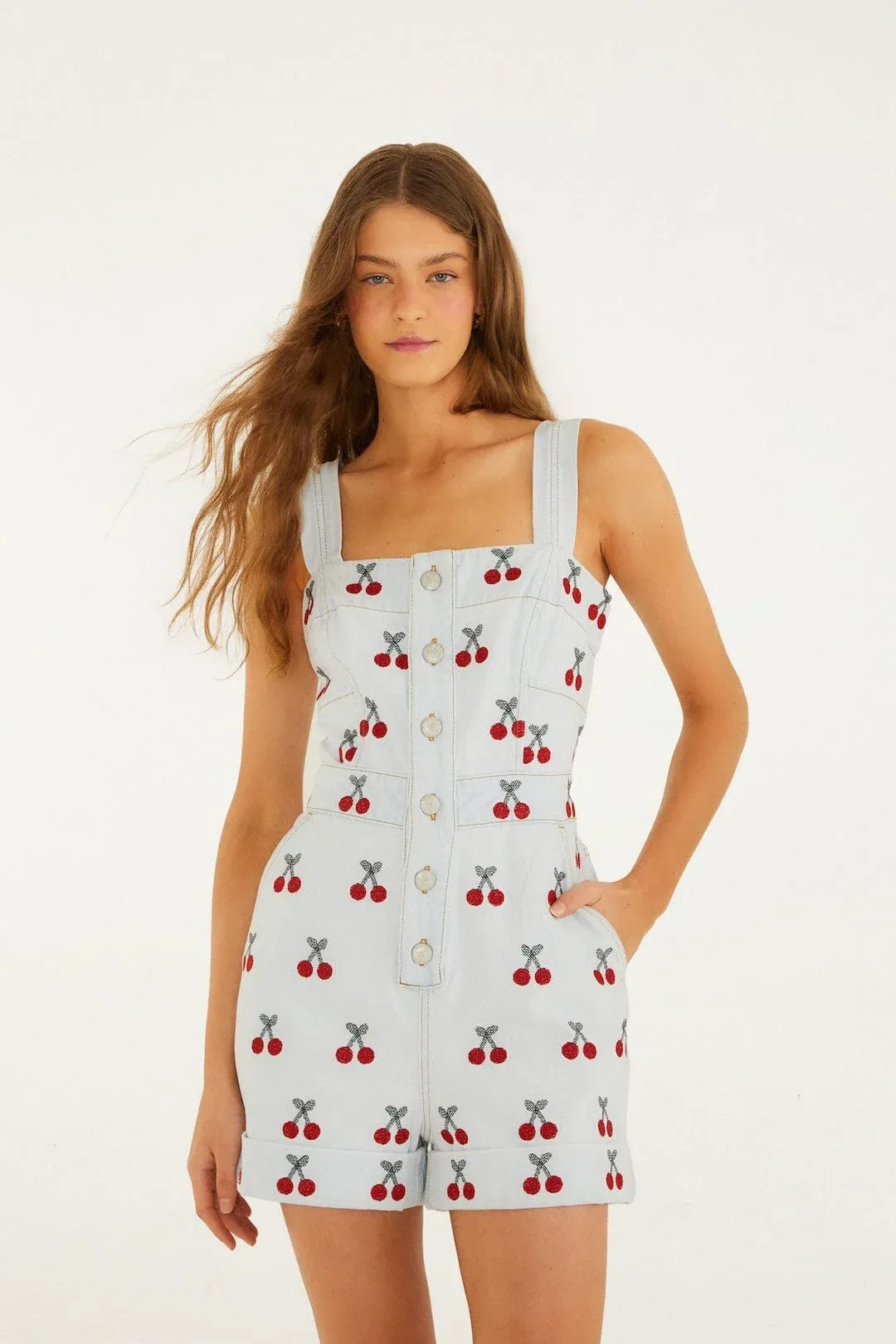 Embroidered Cherry Denim Romper