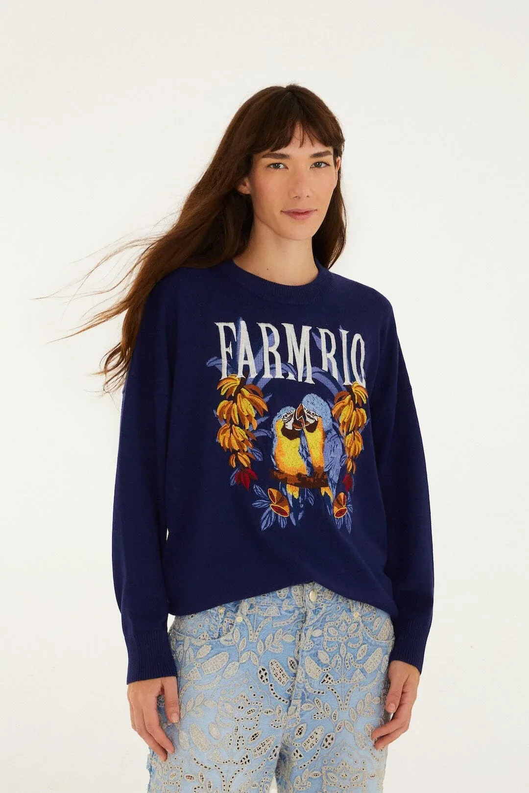 Dark Blue Love Birds Embroidered Sweater by FARM Rio