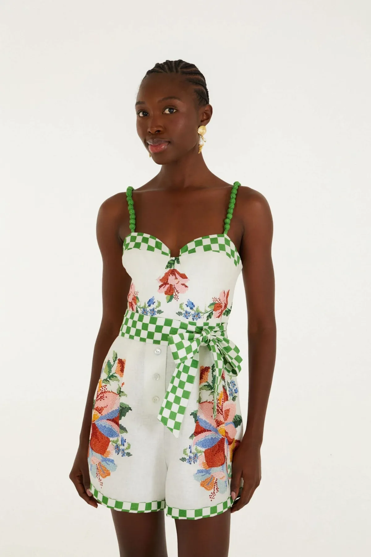 Calm Breeze Beaded Straps Belted Romper by FARM Rio