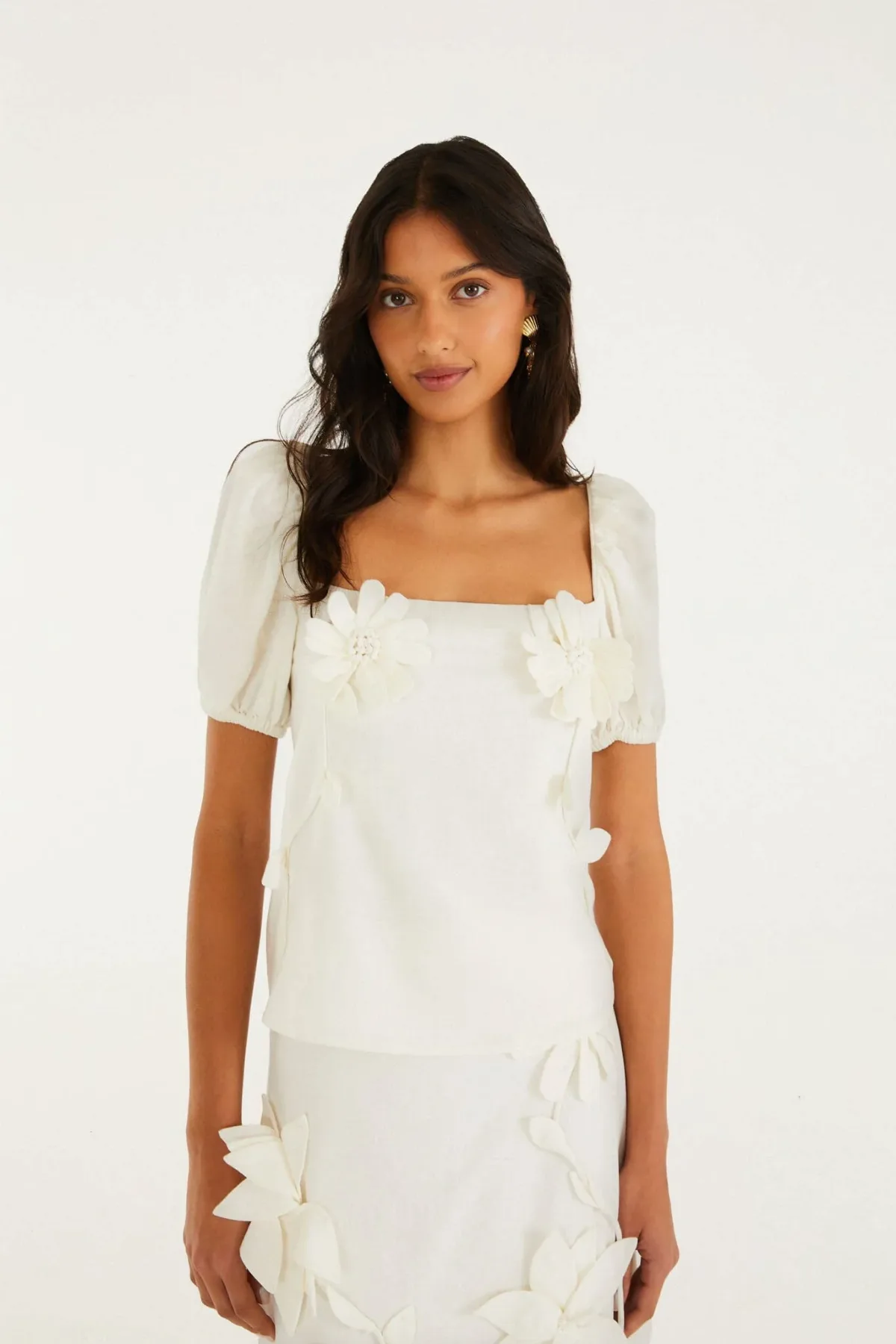3d Flowers Puff Sleeve Blouse by FARM Rio