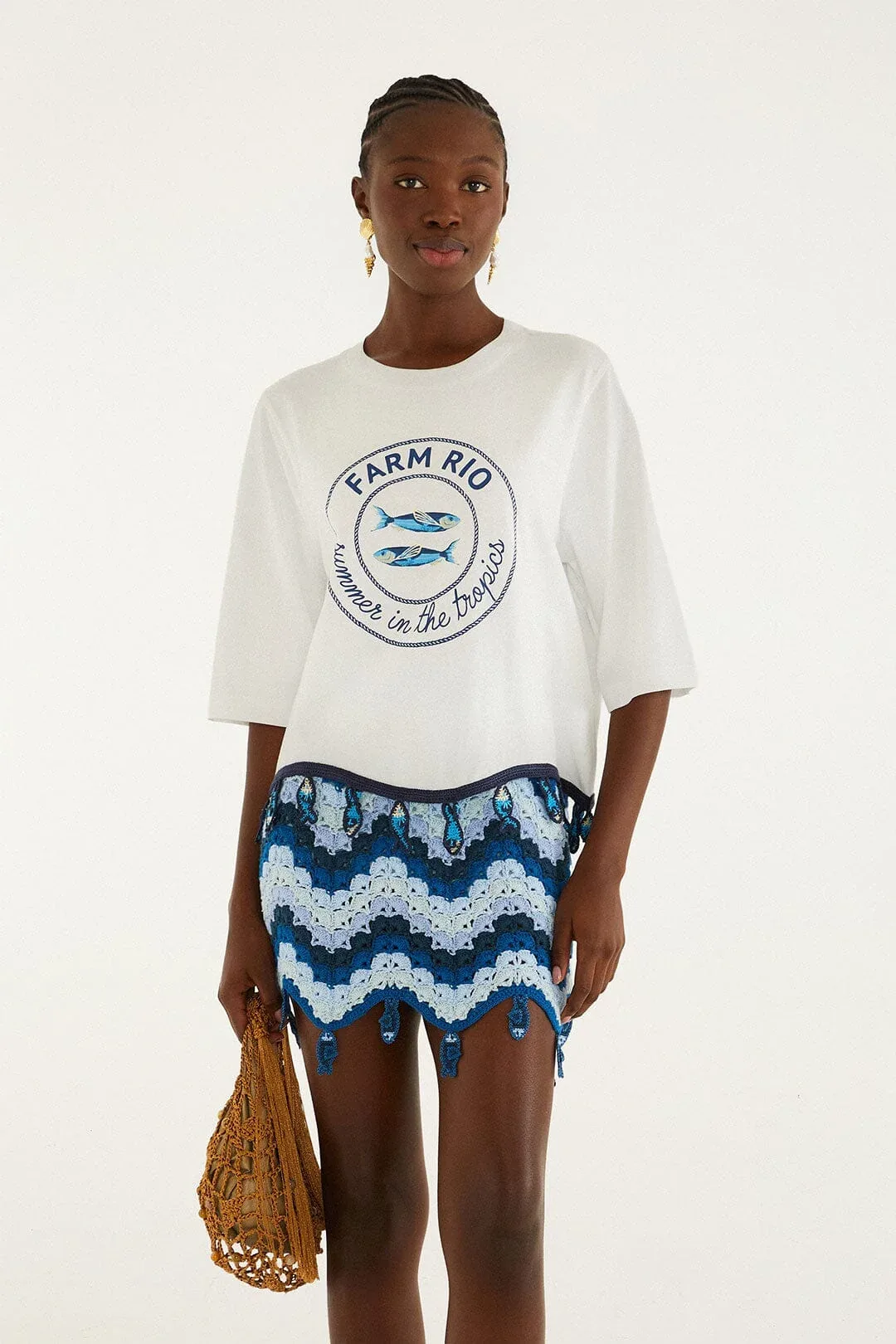 Summer in the Tropics Crochet Hem T-Shirt by FARM Rio