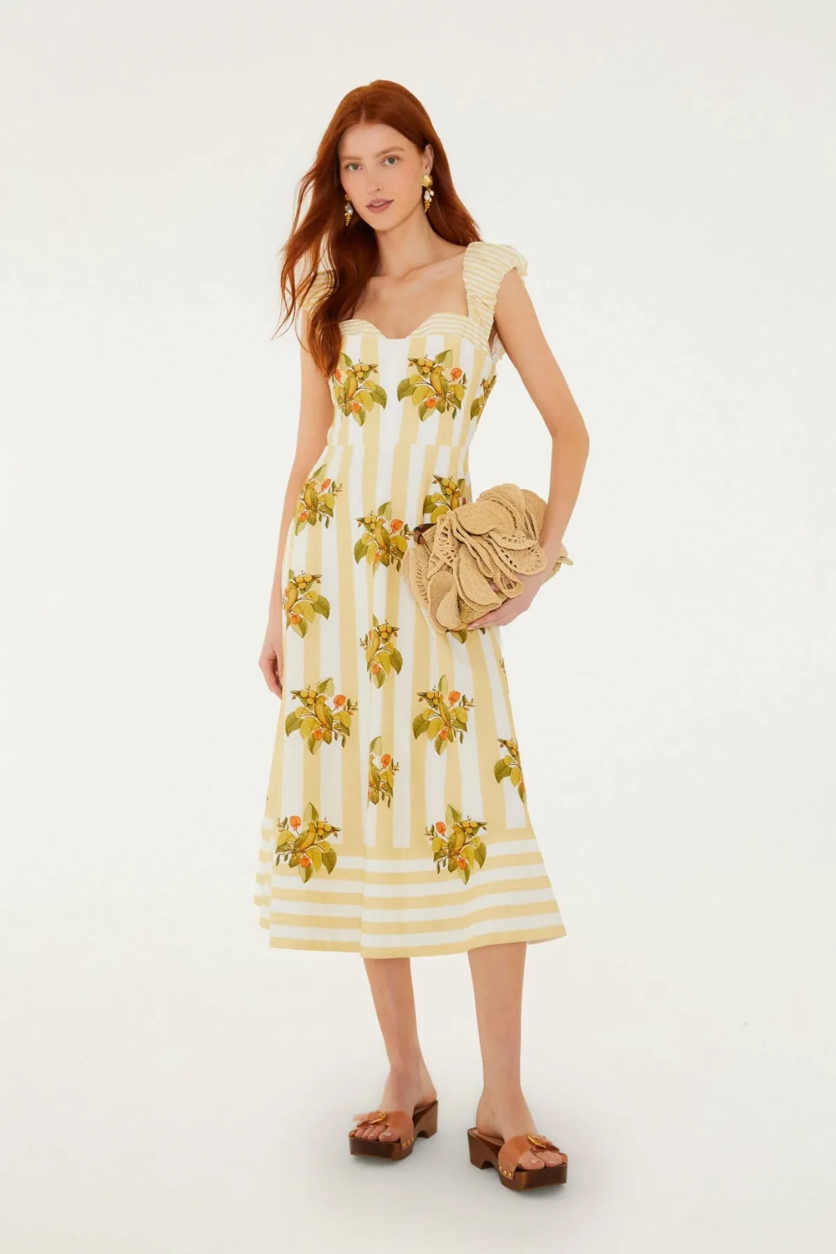 Lemon Birds Sweetheart Neck Midi Dress