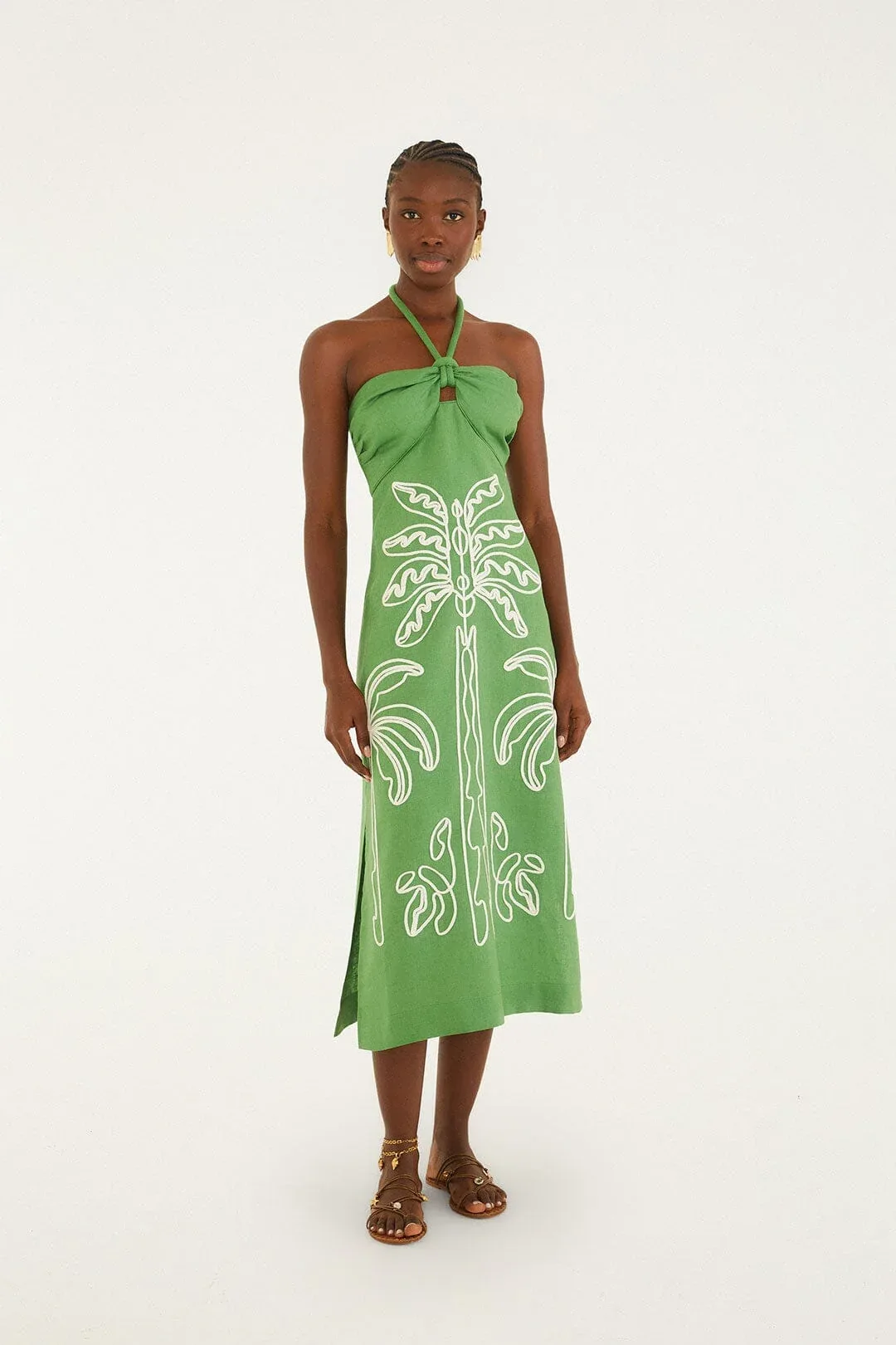Palm Tree Embroidered Halter Neck Midi Dress by FARM Rio