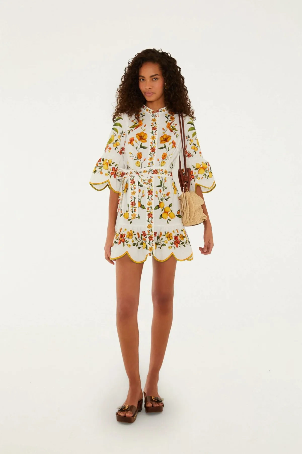 Lemon Bouquet Off-White Belted Puff Sleeve Mini Dress by FARM Rio