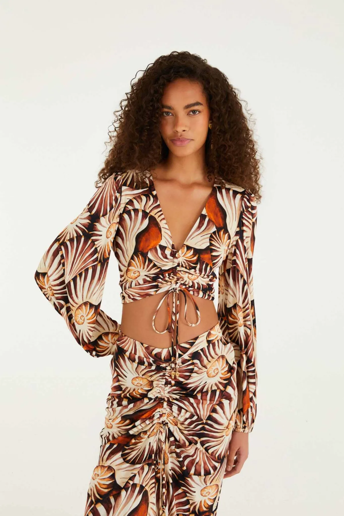 Ammonite Multicolor Ruched Long Sleeve Crop Top by FARM Rio
