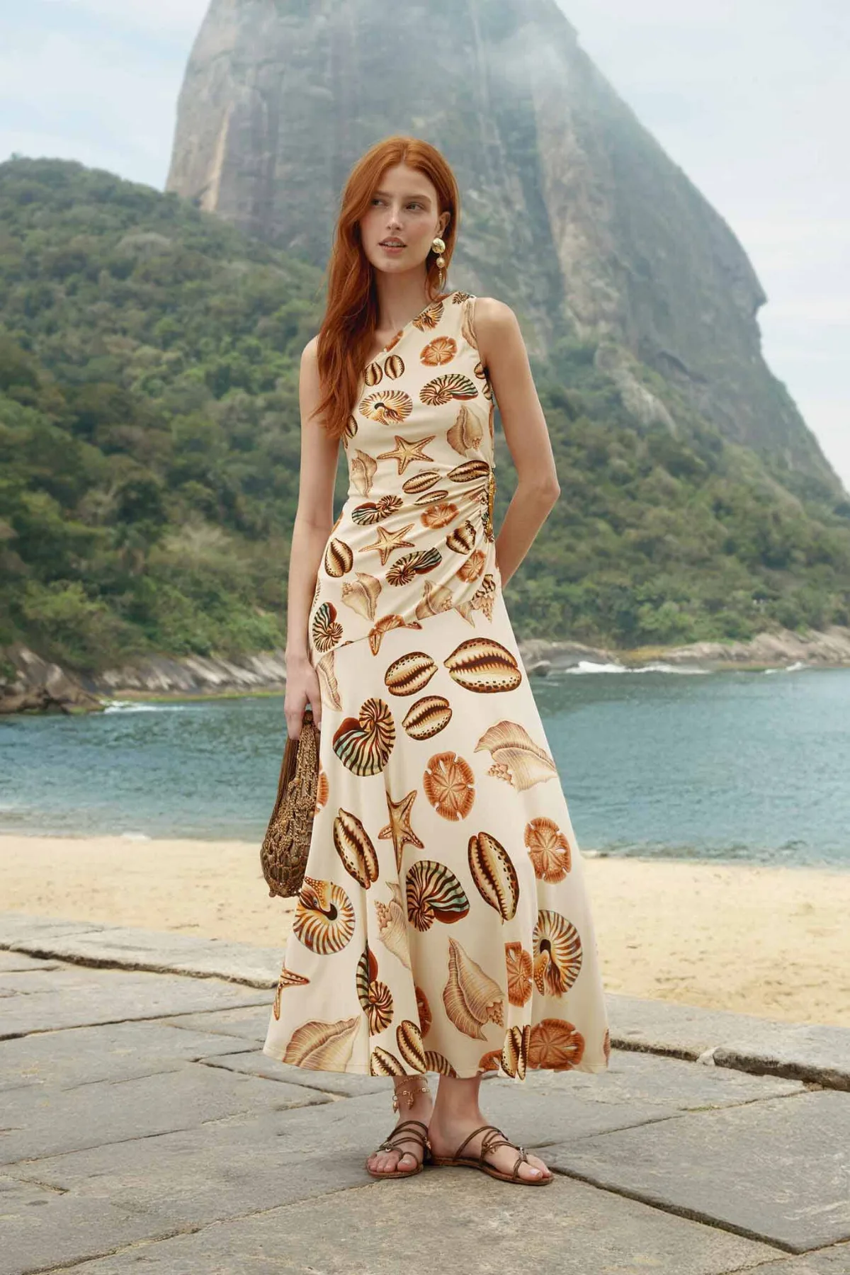 Marine Shells Sand Tassel One-Shoulder Maxi Dress