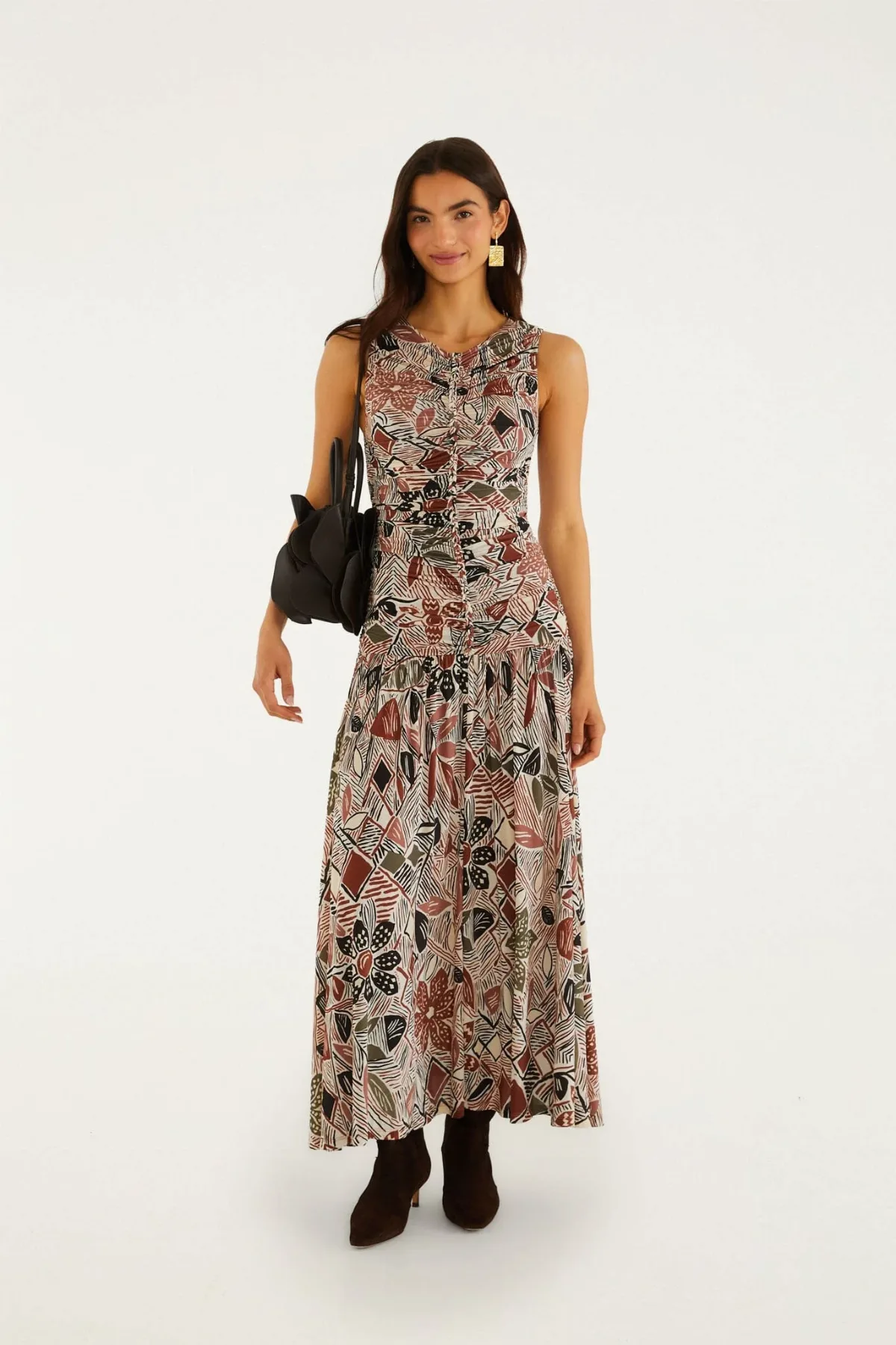 Rustic Flowers Sleeveless Ruched Maxi Dress