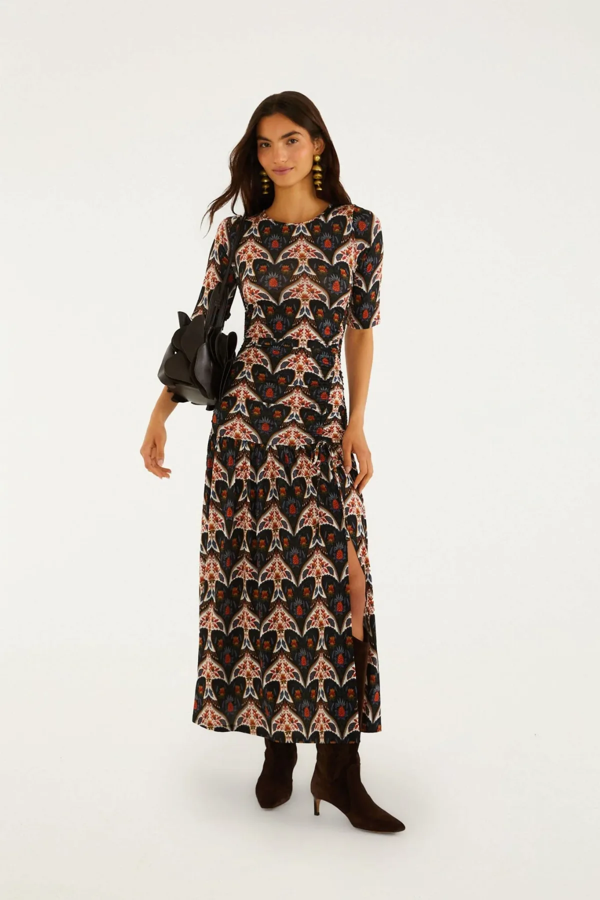 Porcelain Birds Black Long Sleeve Slim Maxi Dress