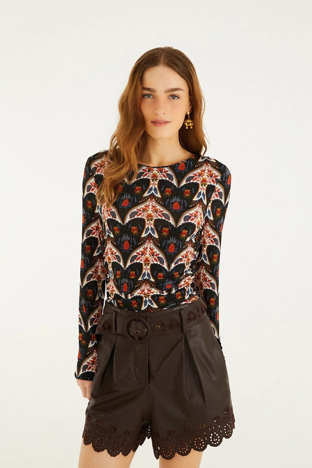 Porcelain Birds Black Long Sleeve Jersey Blouse