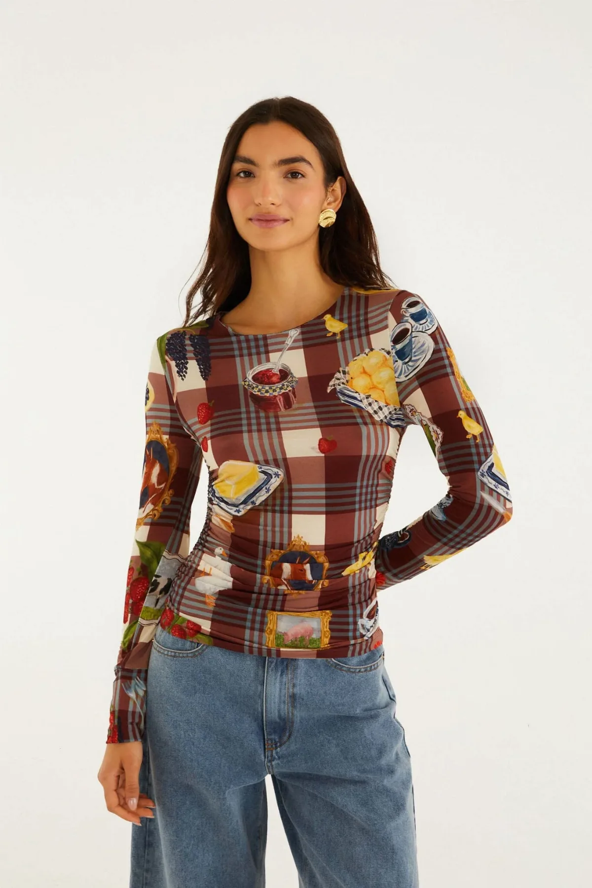 Country Table Tartan Long Sleeve Jersey Blouse