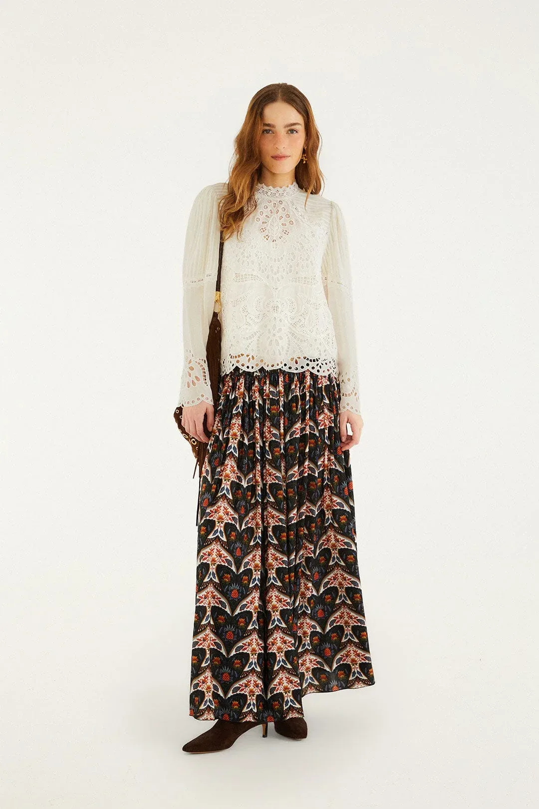 Porcelain Birds Black Pleats Maxi Skirt