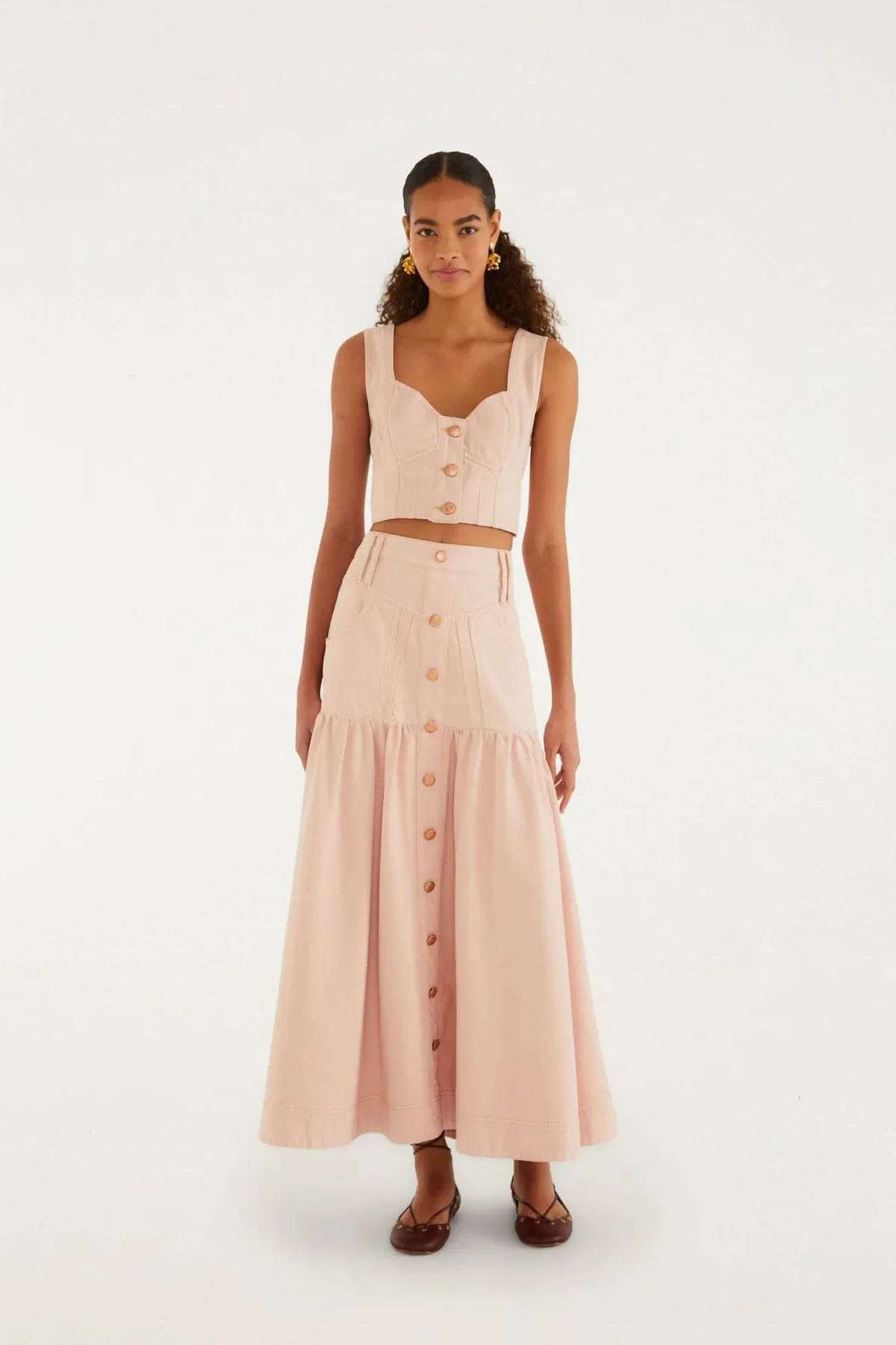 Bisne Light Pink Buttoned Twill Midi Skirt