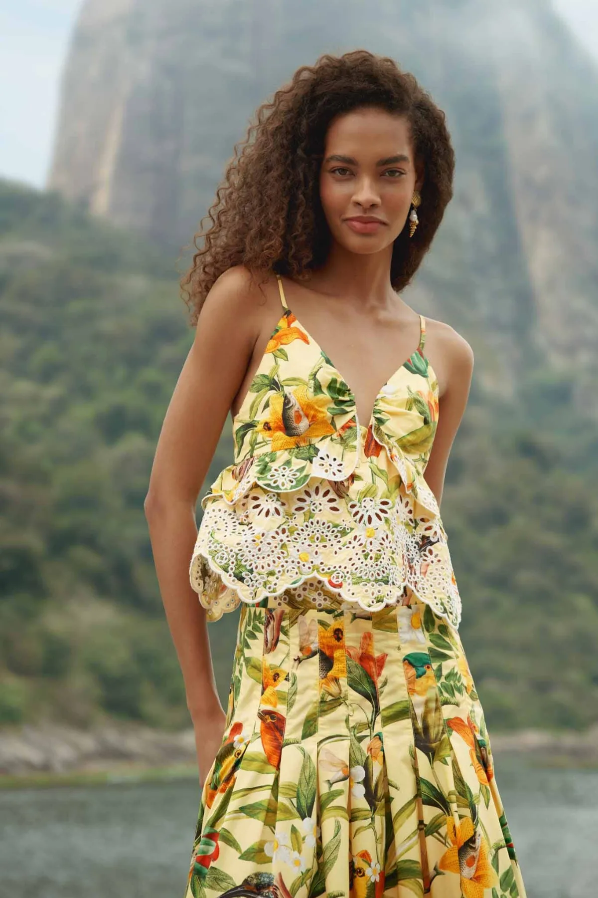 Brasil Collage Soft Yellow Lace Ruffled Blouse by FARM Rio