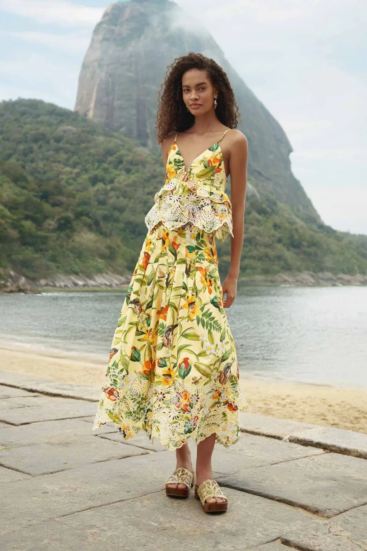 Brasil Collage Soft Yellow Lace Maxi Skirt