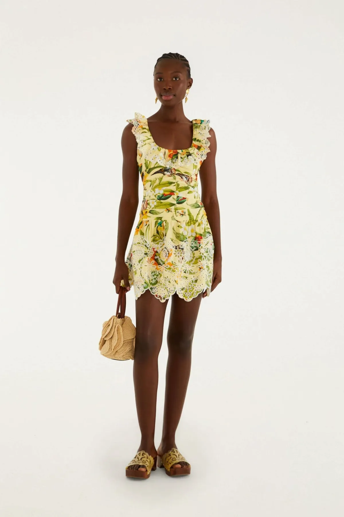 Brasil Collage Soft Yellow Lace Ruffled Mini Dress by FARM Rio