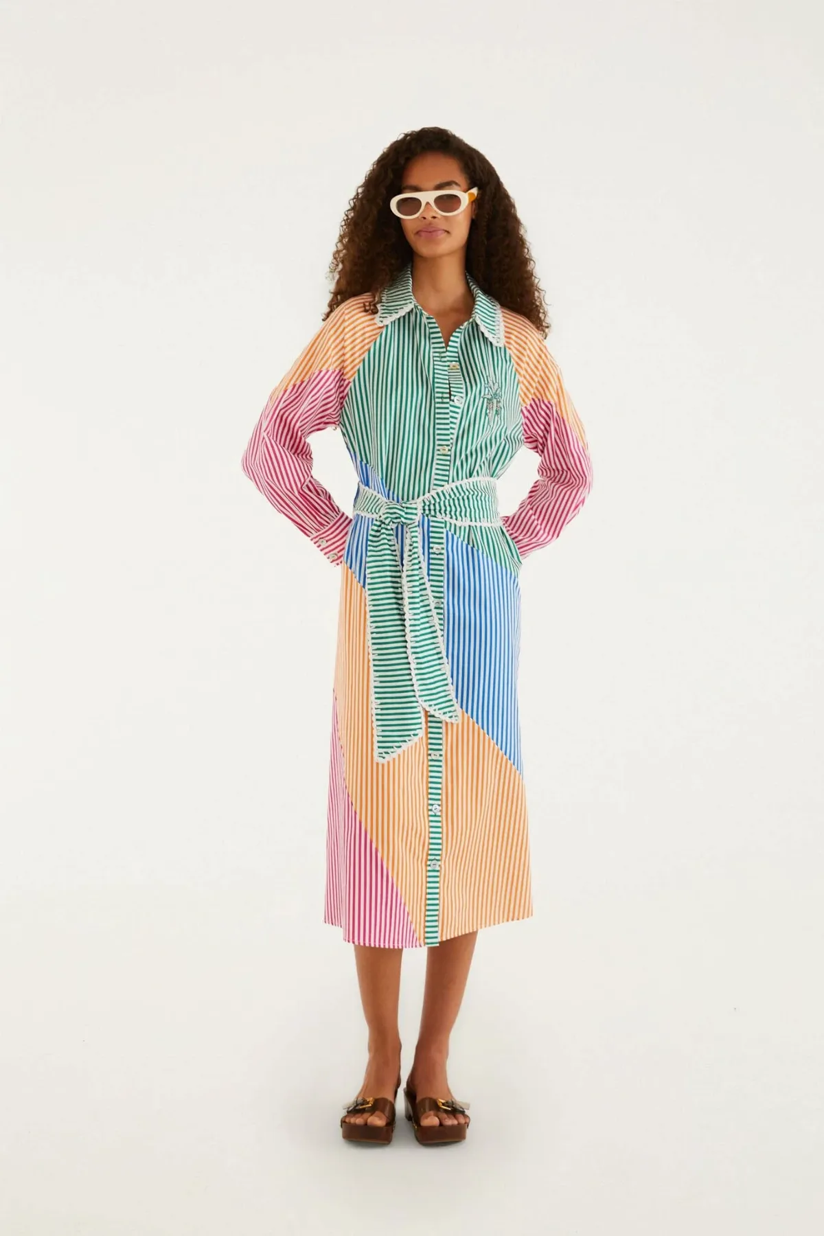 Multicolor Stripes Embroidered Belted Midi Dress by FARM Rio