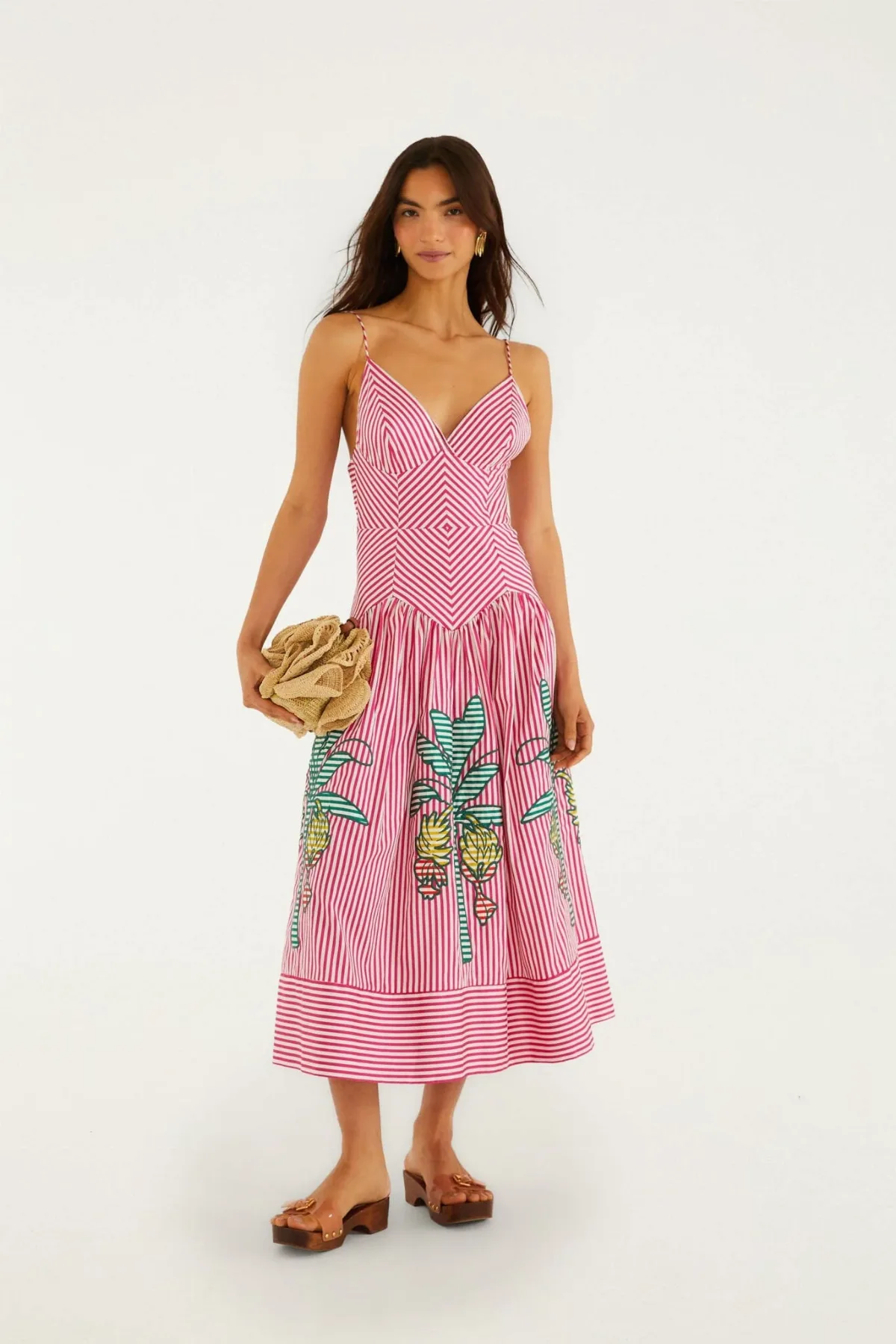 Pink Palm Tree Stripes Cutwork Midi Dress by FARM Rio
