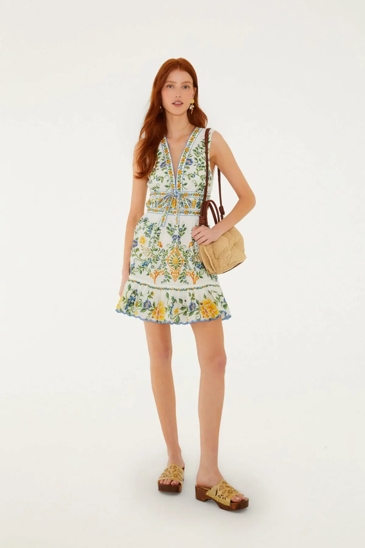 Off-White Emily Floral Tapestry Ruffled Mini Dress by FARM Rio