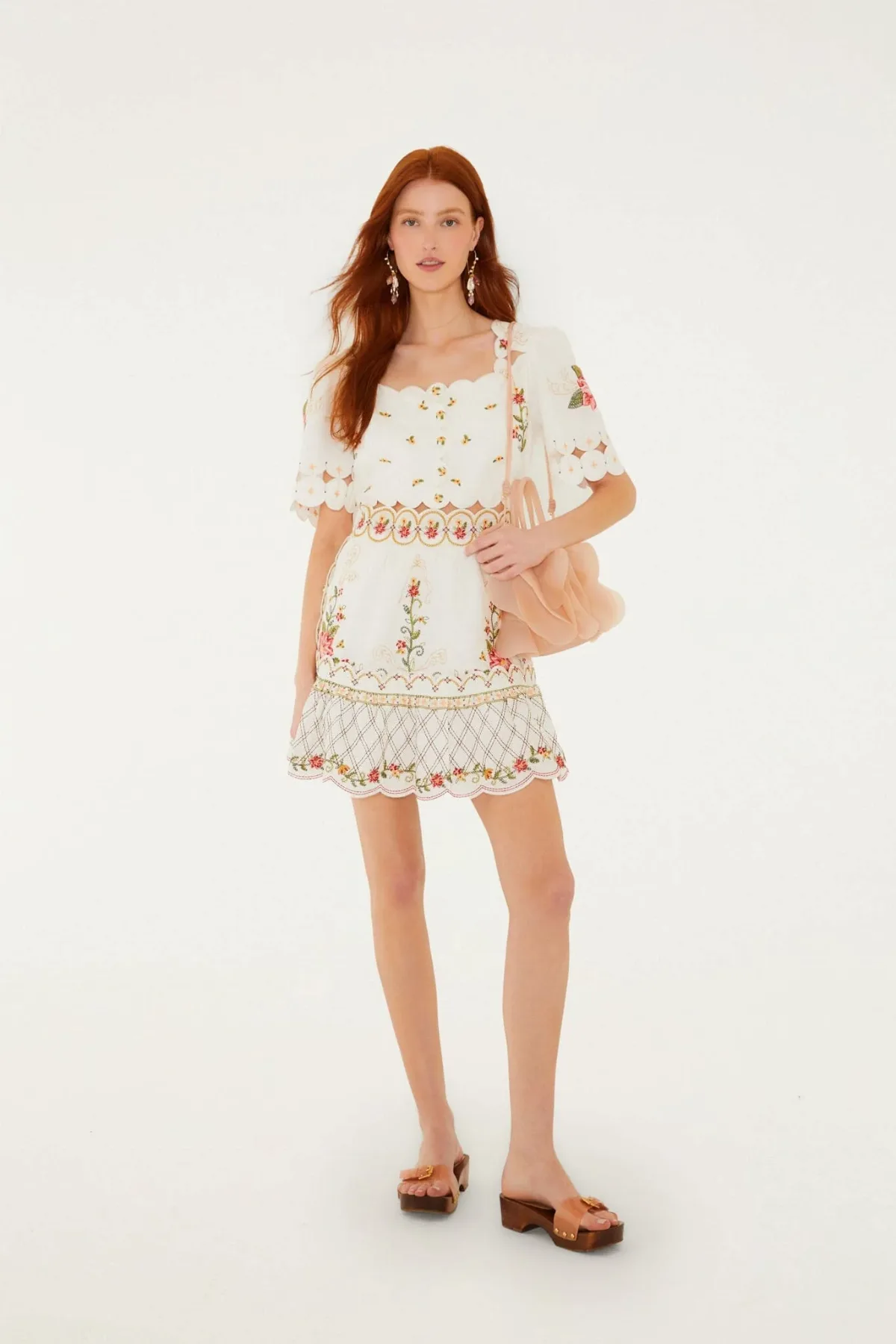 Off-White Flower Embroidery Scalloped Mini Dress by FARM Rio