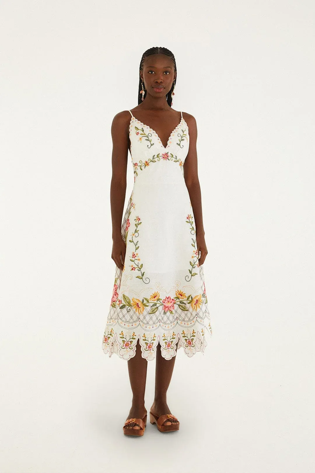 Off-White Flower Embroidery Asymetric Hem Midi Dress by FARM Rio