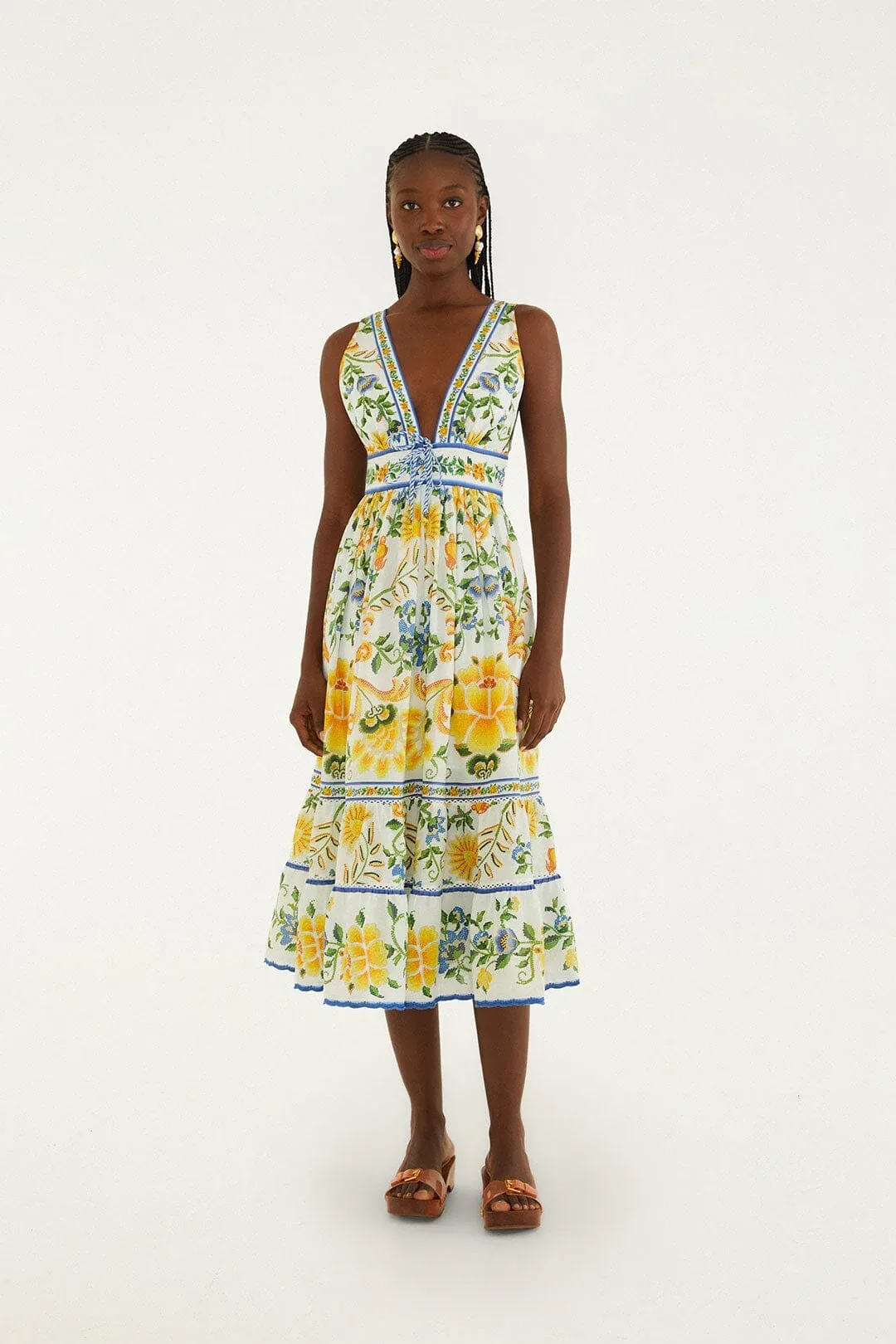 Off-White Emily Floral Tapestry Rope Ties Midi Dress by FARM Rio