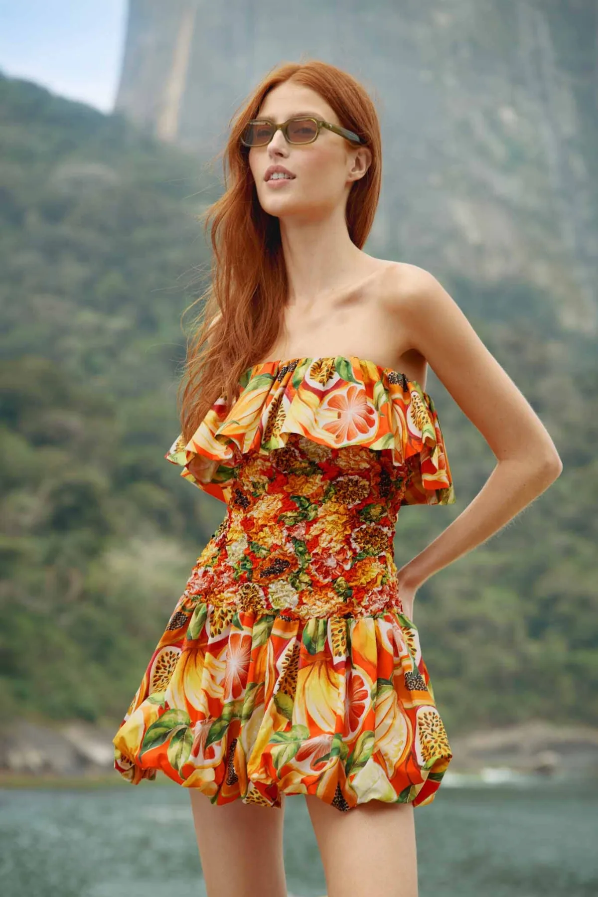 Multicolor Fruit Garden Red Smocked Balloon Mini Dress by FARM Rio