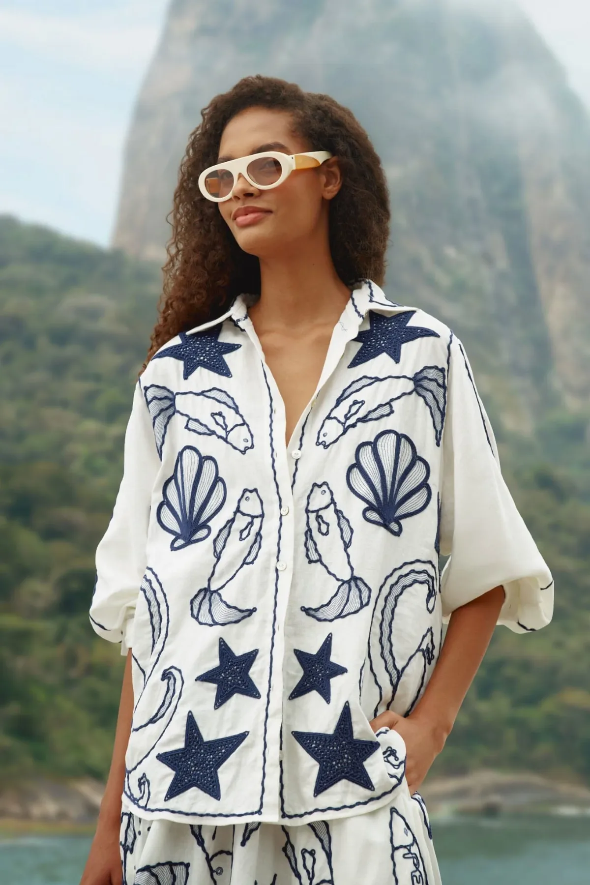 Off-White Fresh Fish Embroidered Puff Sleeve Shirt by FARM Rio