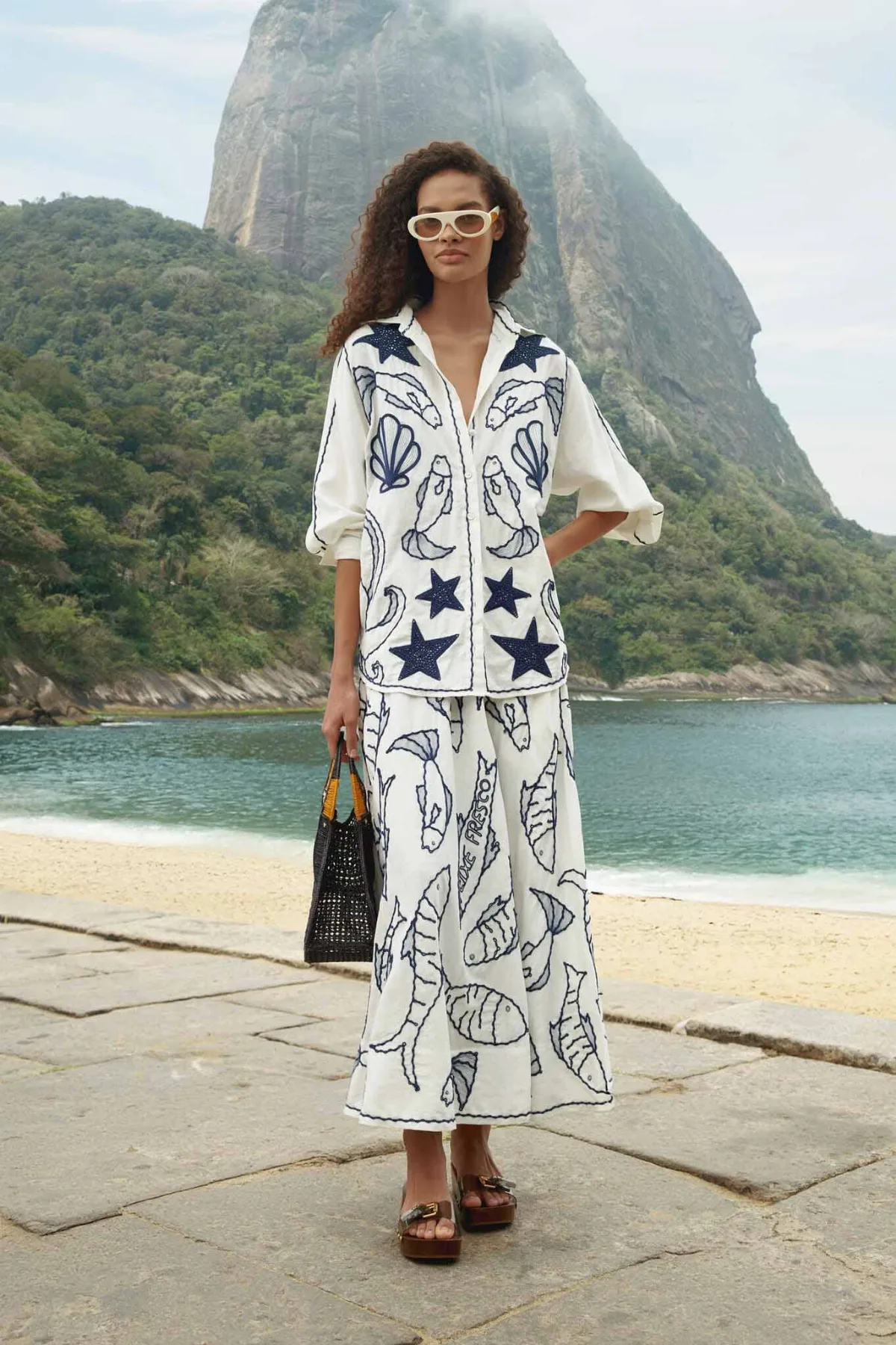 Off-White Fresh Fish Embroidered Midi Skirt by FARM Rio
