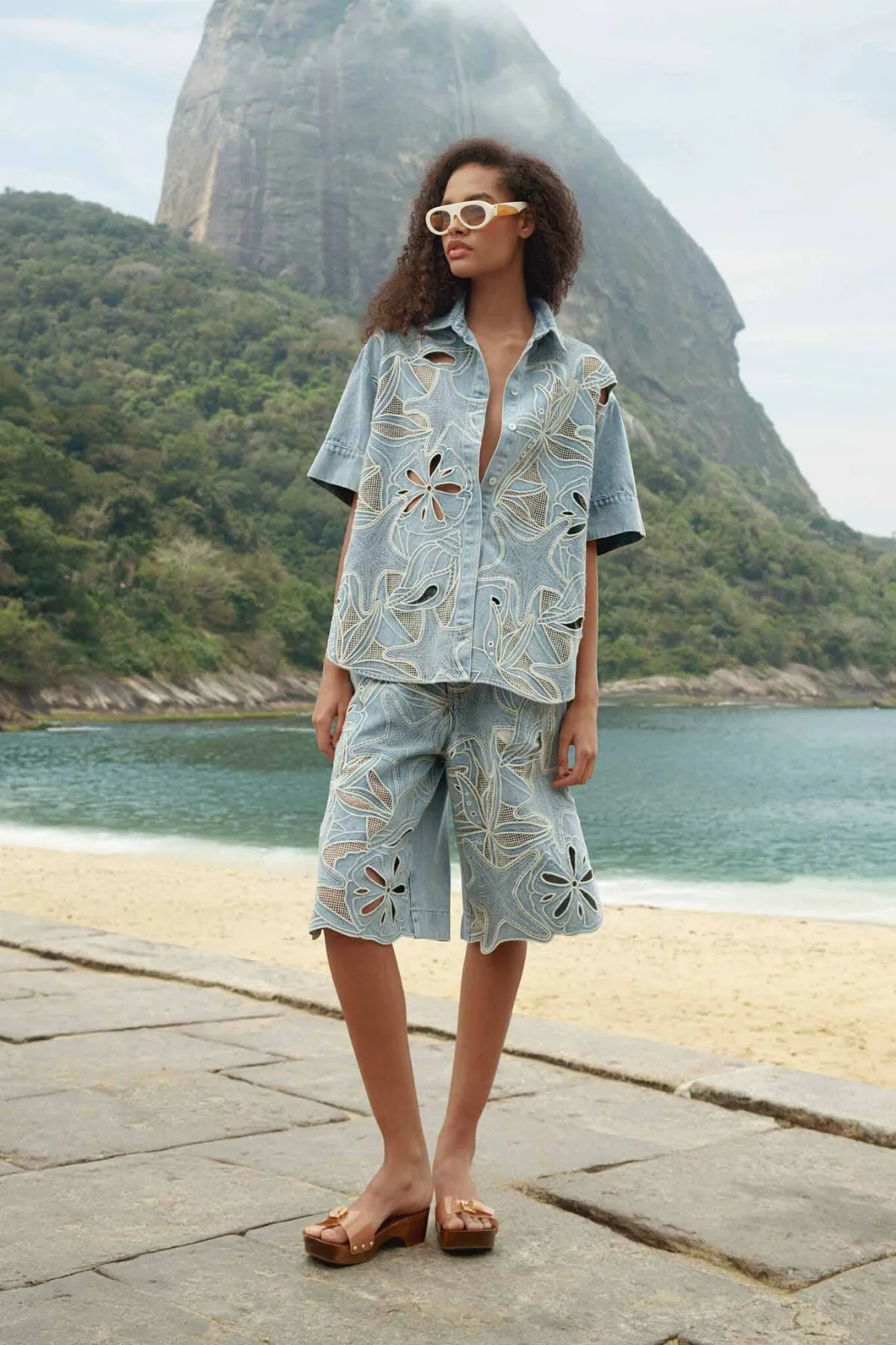 Denim Sea Desire Embroidered Bermuda Shorts by FARM Rio
