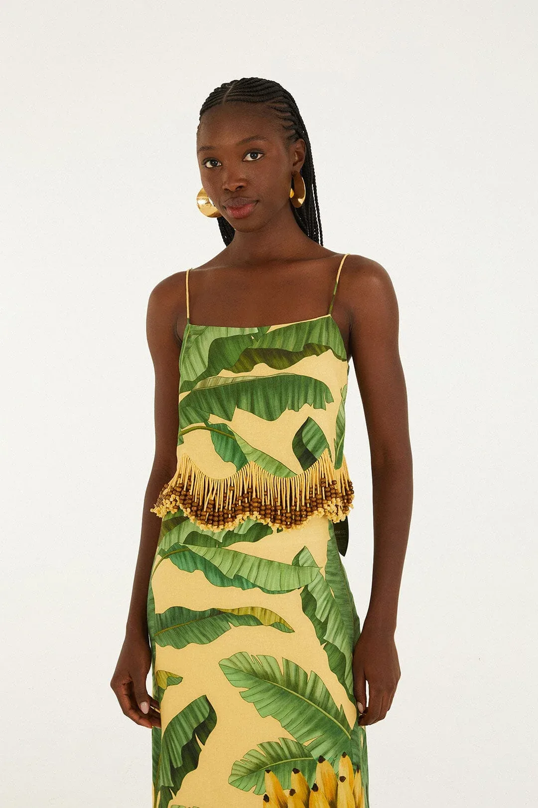 Yellow Fruit Leaves Banana Beaded Fringes Sleeveless Top by FARM Rio