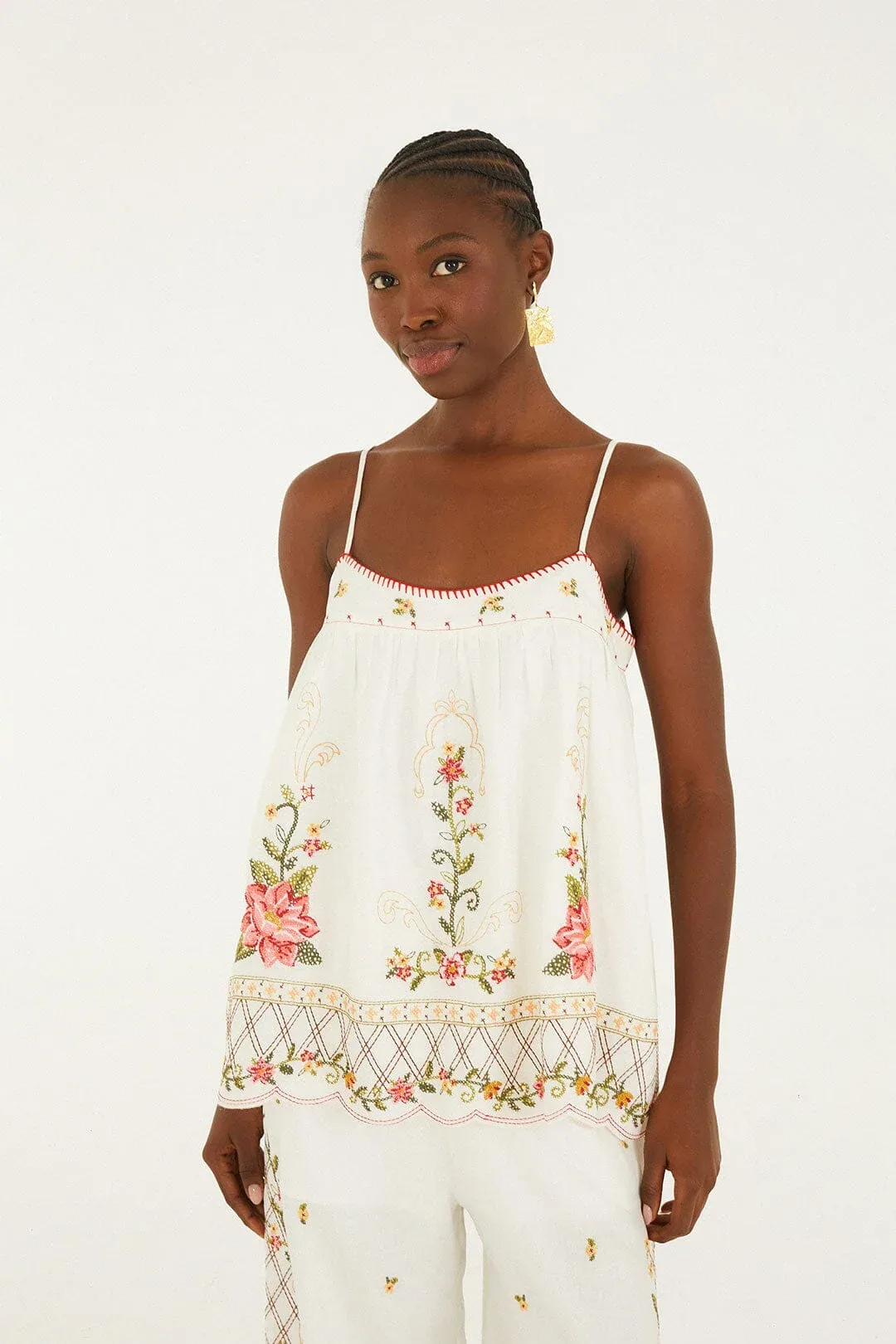 Flower Embroidery Open Back Sleeveless Blouse by FARM Rio