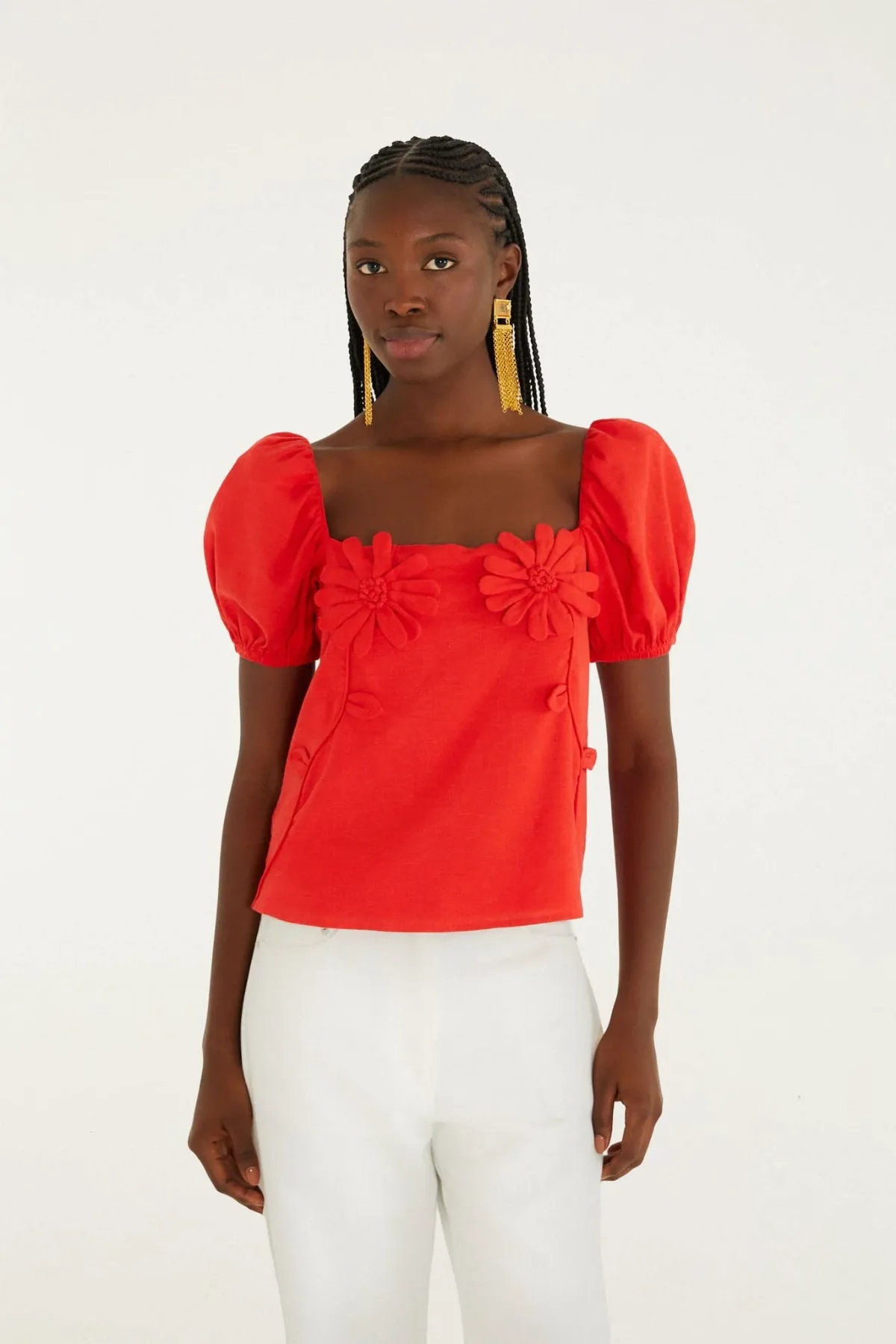 Red 3D Flowers Puff Sleeve Blouse by FARM Rio