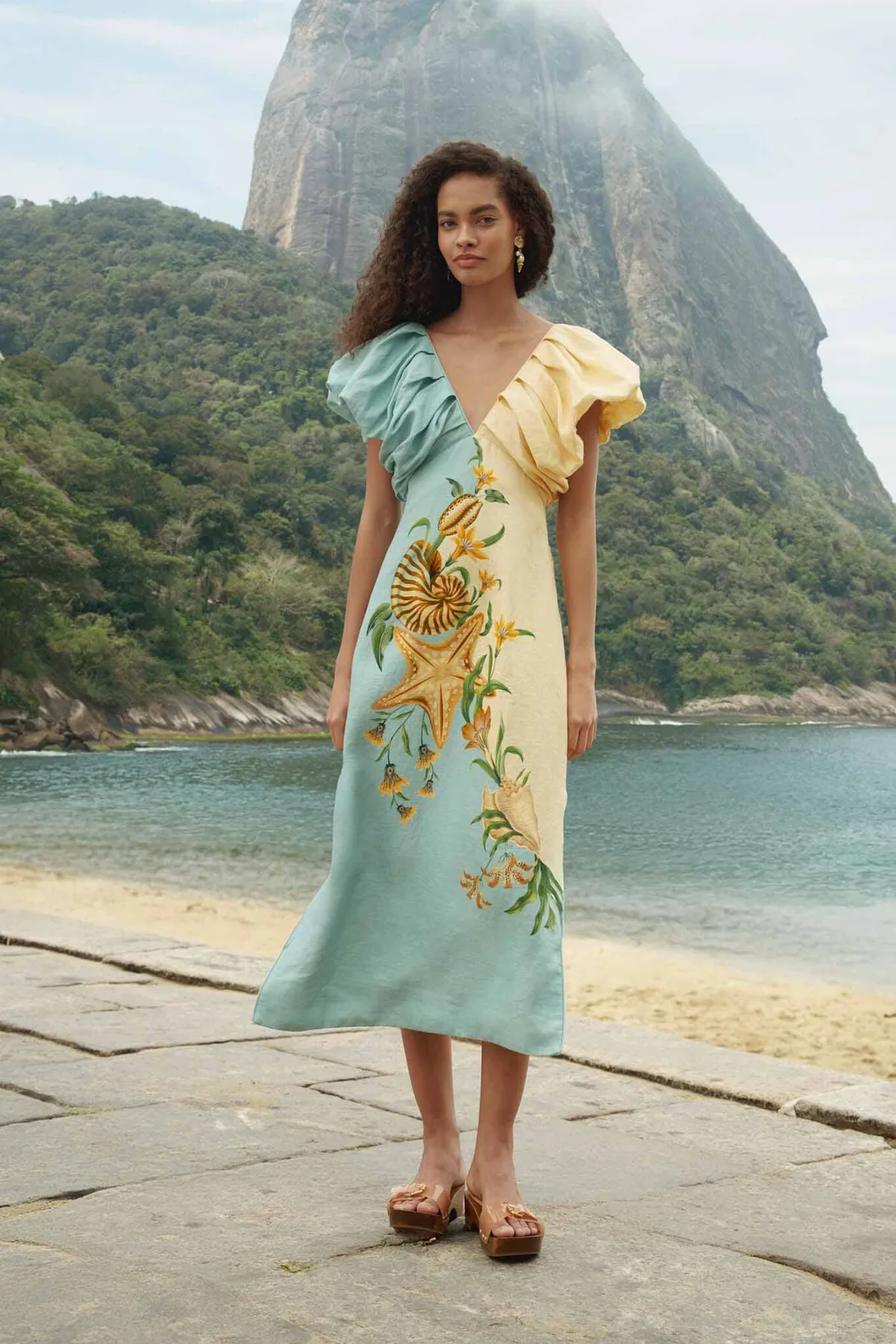 Bicolor Marine Garden Puff Sleeve Midi Dress by FARM Rio