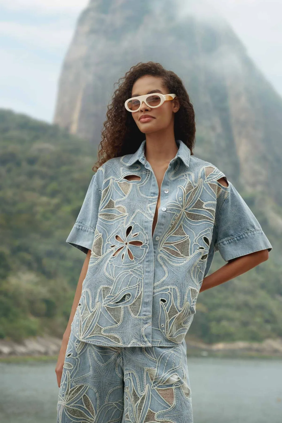 Denim Sea Desire Embroidered Short Sleeve Shirt by FARM Rio