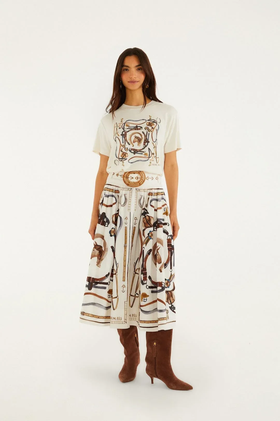 Equestrian Scarf Belted Midi Skirt