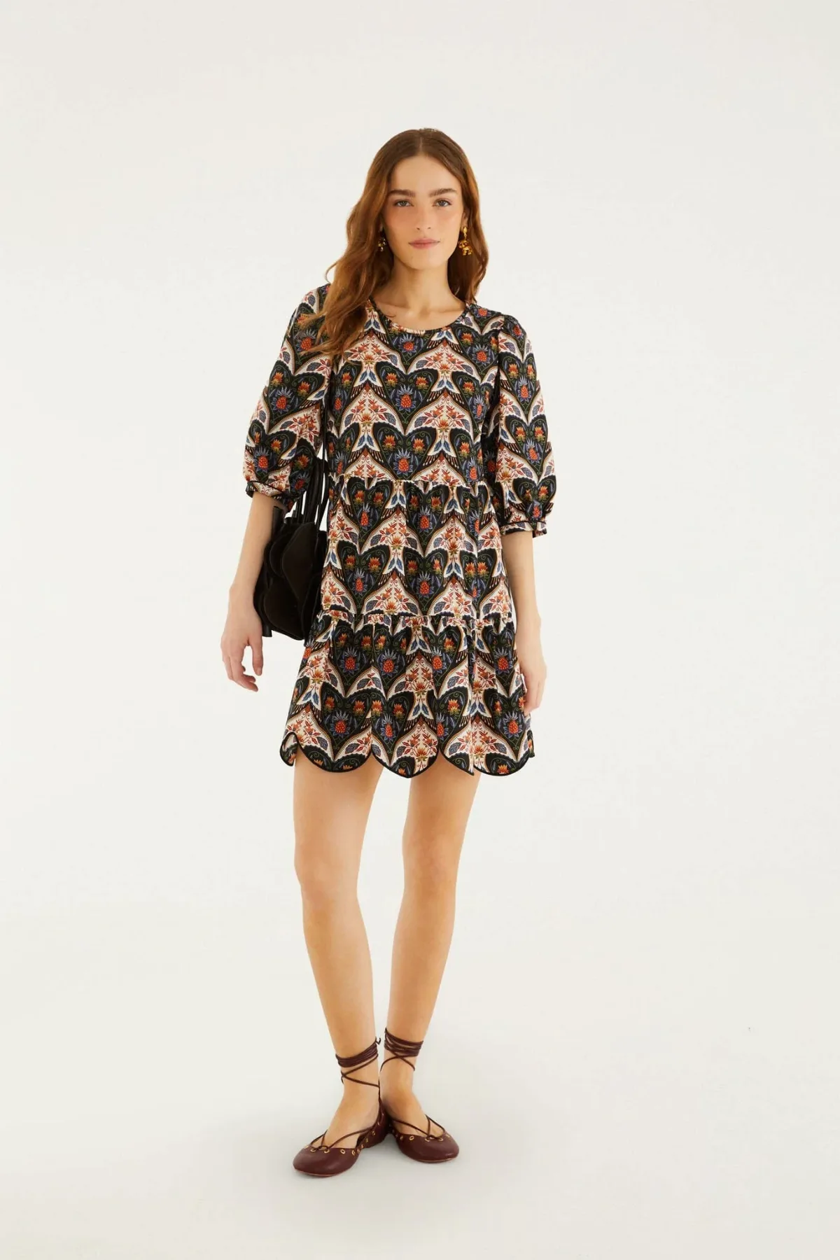Porcelain Birds Puff Sleeve Mini Dress
